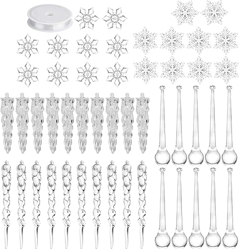 50 piezas de decoración de Navidad acrílico copo de nieve carámbano árbol de Navidad colgante transparente DIY adorno colgante decoración de fiesta