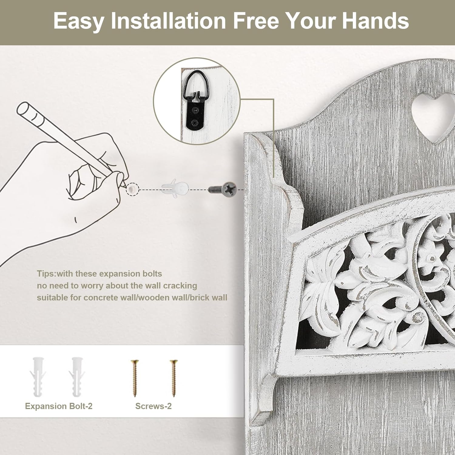 Mail Organizer with Key Holder,2-Slot Mail Holder with 4 Key Hooks for Wall Decorative, Wooden Hanging Organizer for File Letter in Shelf Home Farmhouse Decor for Entryway Office