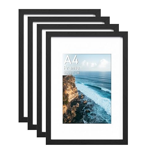 Histarzeda 4 Pack Wooden A4 Frame, Black Frame A4 with Perspex Glass, A4 Photo Frame for Collage Photo Wall, Desktop & Wall Horizontal Vertical Decoration in Home (Black) - Black - A4 - 4p