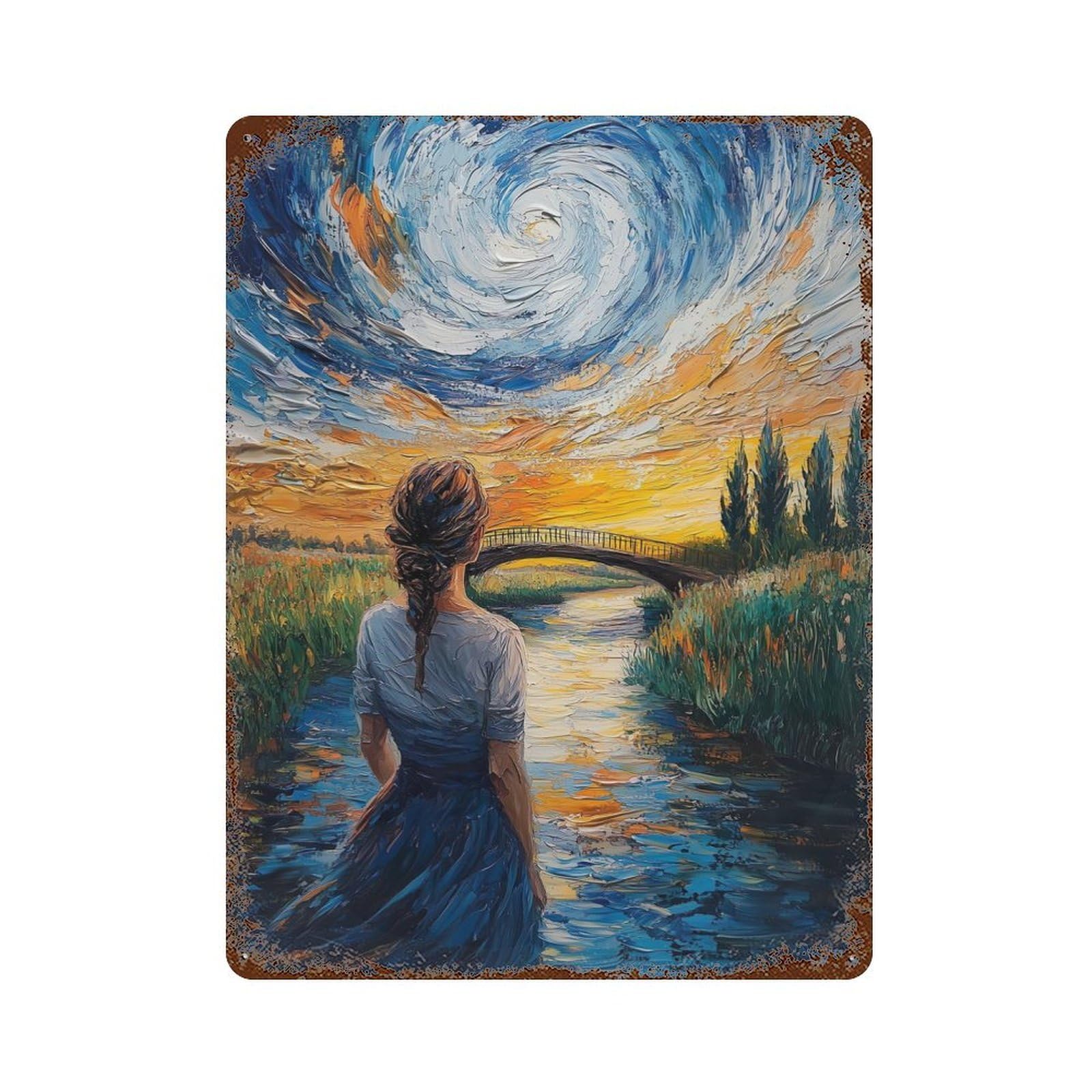 Decorative Tin Sign with Starry Night Bridge Design 15.7"x11.8", for Basement, Hobby Room And Garage Decor, Rustic Home Decor