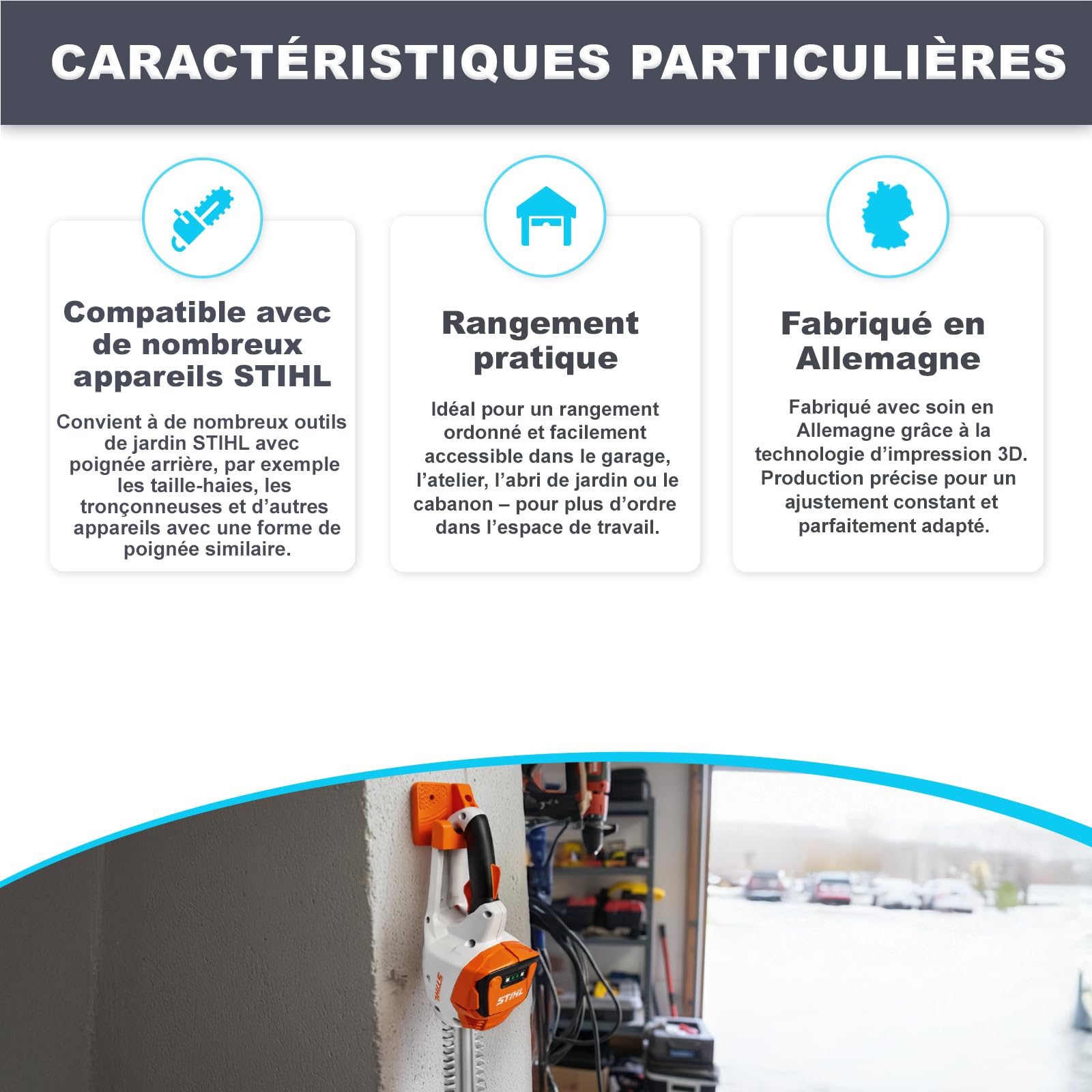 Support mural compatible STIHL pour outils à poignée arrière, porte-outils jardin pour taille-haie, tronçonneuse et appareils similaires, charge 15 kg - Fabriqué en Allemagne
