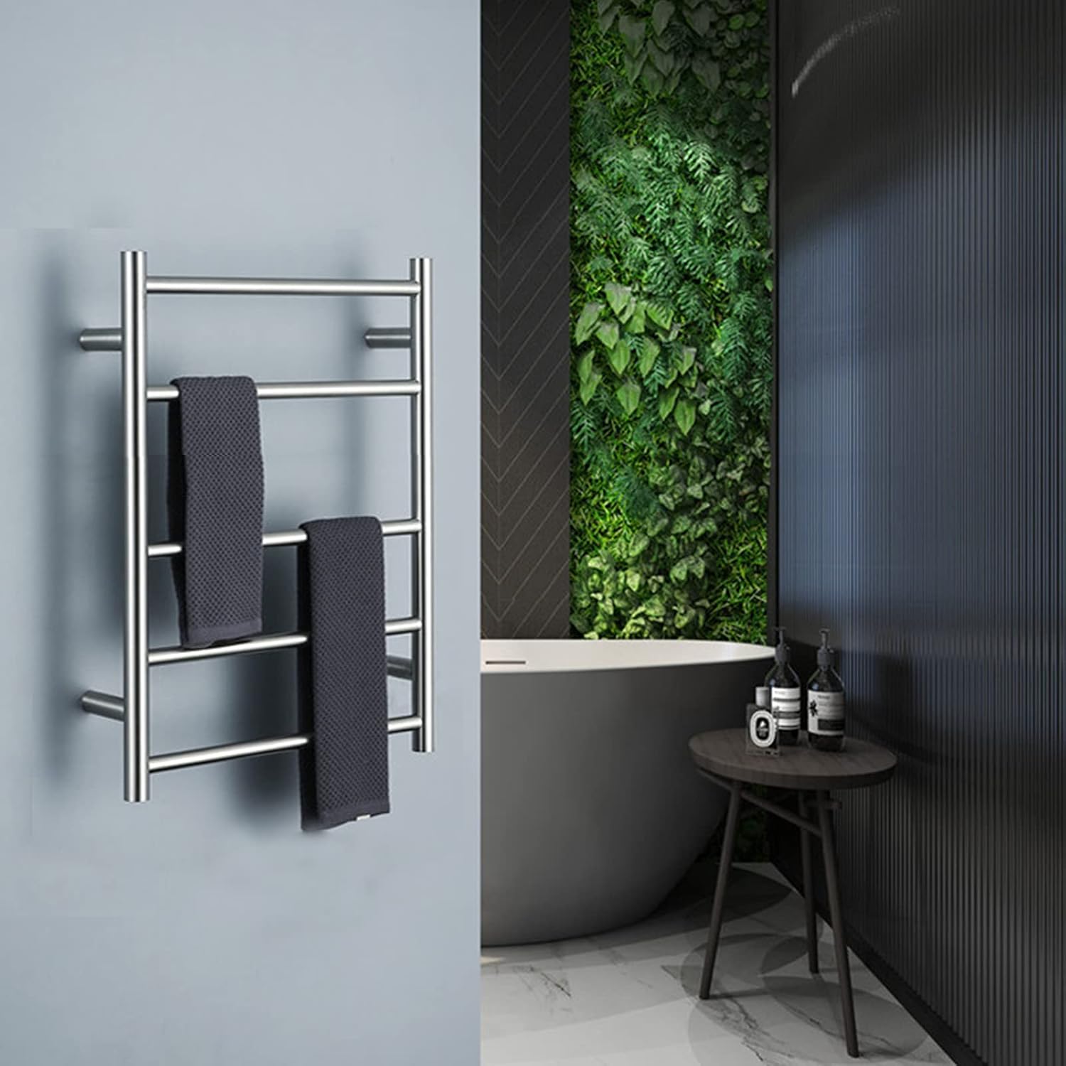 Electric Heated Towel Rack, 60W 304 Stainless Steel Drying Rack with 5 Round Bars Wall Mounted Constant Temperature Fast Heating Towel Dryer for Bathroom (Bright Plug in)