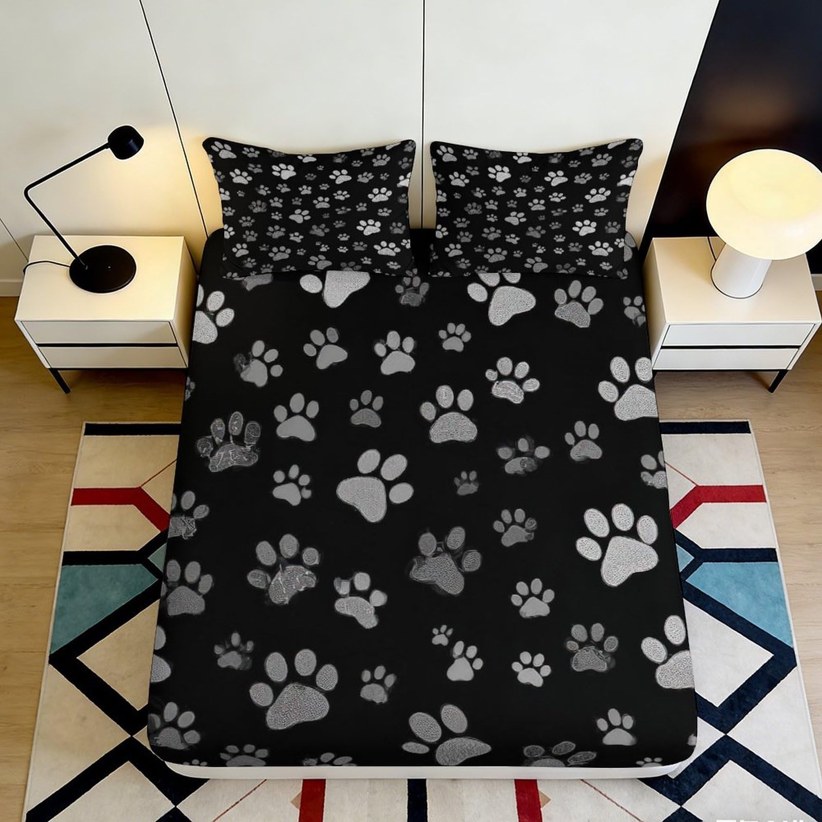 3D Printed Paw Print Fitted Sheet Microfiber Soft Breathable Black Animal Print Mattress Cover for Bedroom Dormitory Guest Room Protection Decor 90x200x25cm