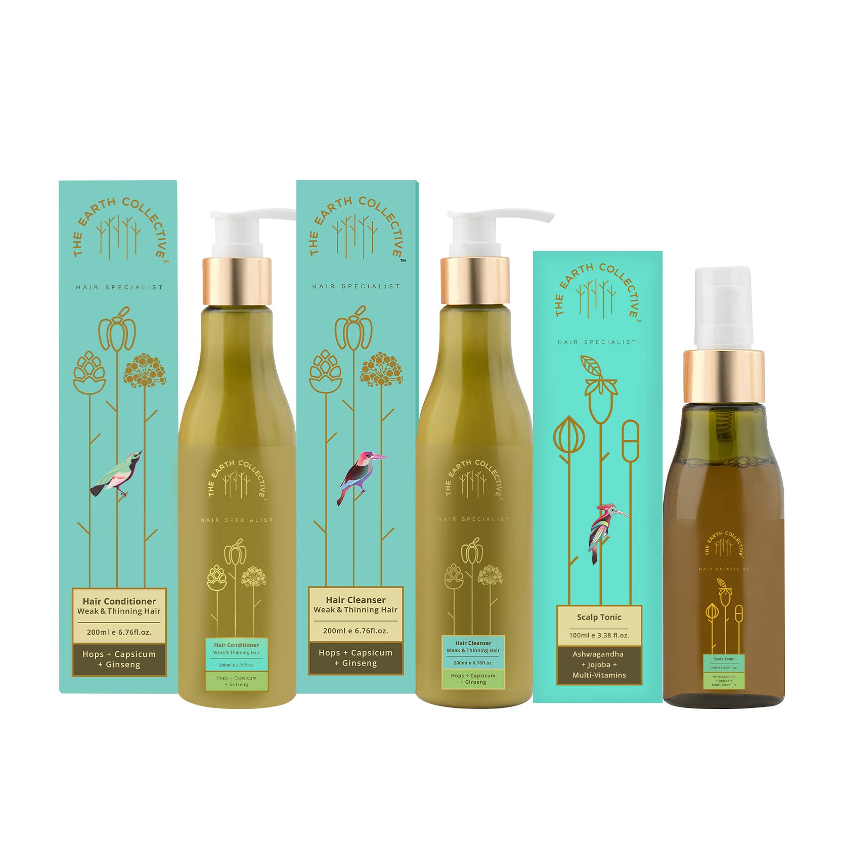 THE EARTH COLLECTIVE 3-step kit for Weak and Thinning Hair + Hair Fall + Scalp Care with Shampoo (200ml) + Conditioner (200ml) + Scalp Tonic (100ml)
