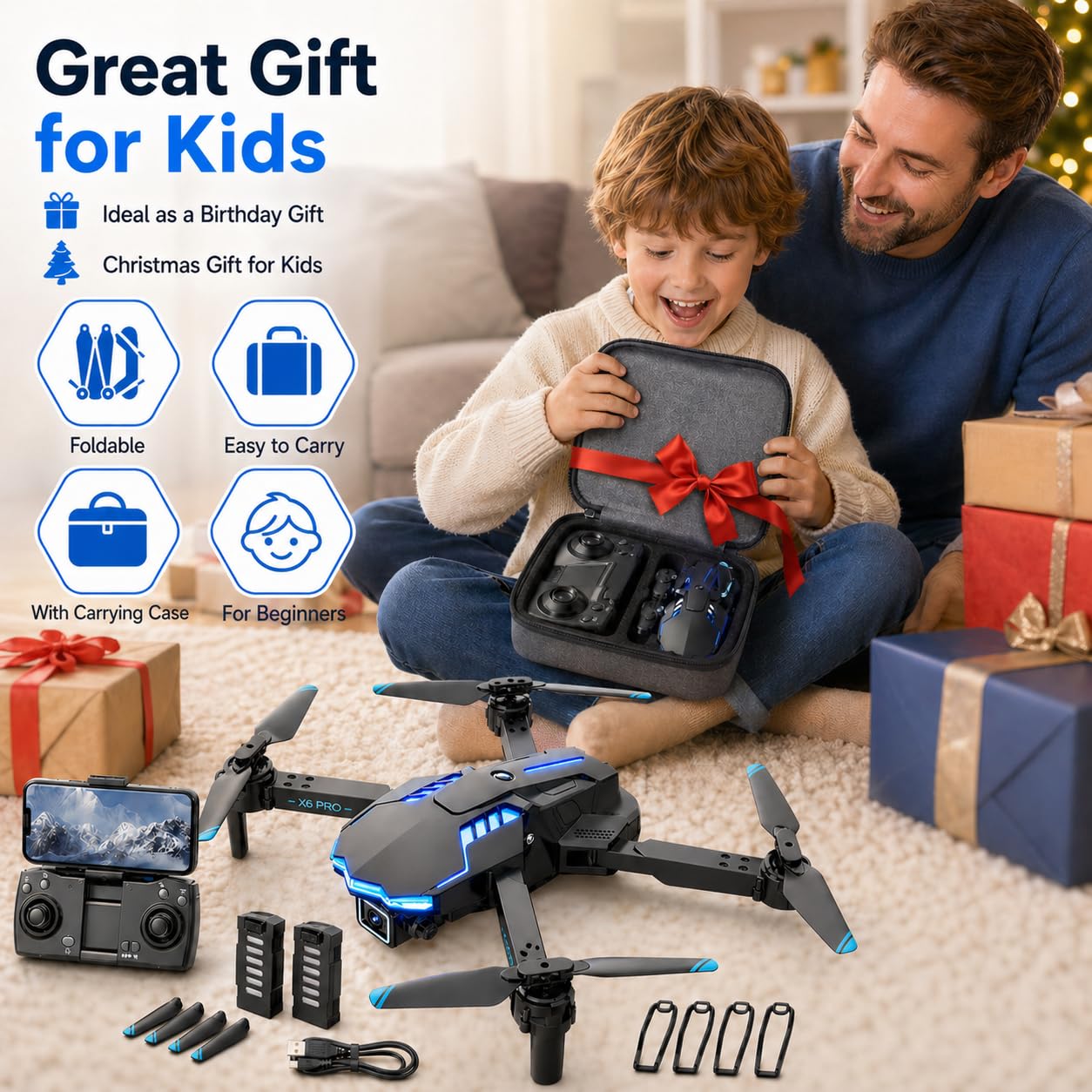 Dron con Camara 1080P para Niño y Adultos RC Quadcopter con Motor sin Escobilla Drone FPV para Principiantes con 30min de Vuelo/Altitud Retención, Juguete para Niño Regalos Cumpleaños (Grey)