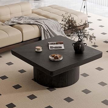 Modern Square Coffee Table with Cylindrical Base, Wood Coffee Table with Parquet Pattern & Thickened Tabletop, Center Table Tea Table for Living Room Apartment, 34.6L34.6W14.9H, Black