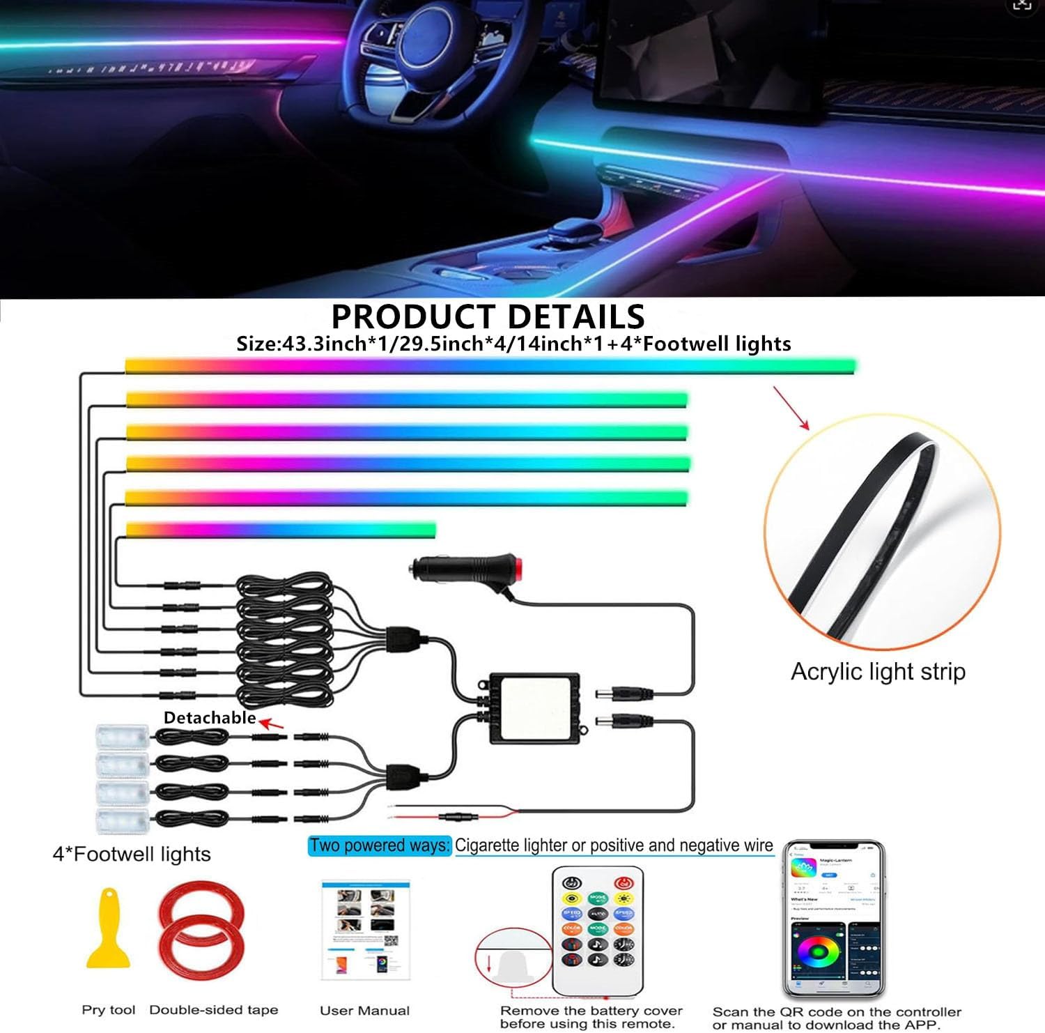 Interior Car LED Strip Lights, Acrylic LED Lights for Car with Dynamic Dreamcolor Chasing, 10 in 1 175 inches 593 LEDs Ambient Lighting Kits Music Sync Wireless APP and Remote Control