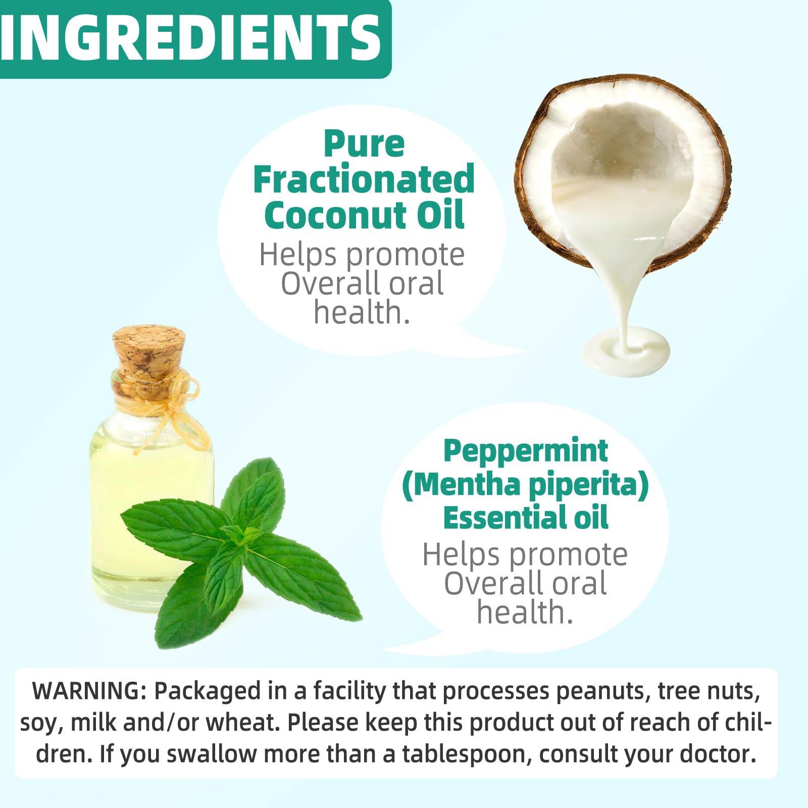Huile de noix de coco (8 Fl.Oz), rince-bouche à l'huile de menthe avec grattoir à langue - naturelle et sans alcool pour les dents pour aider à une haleine fraîche, au blanchiment des dents