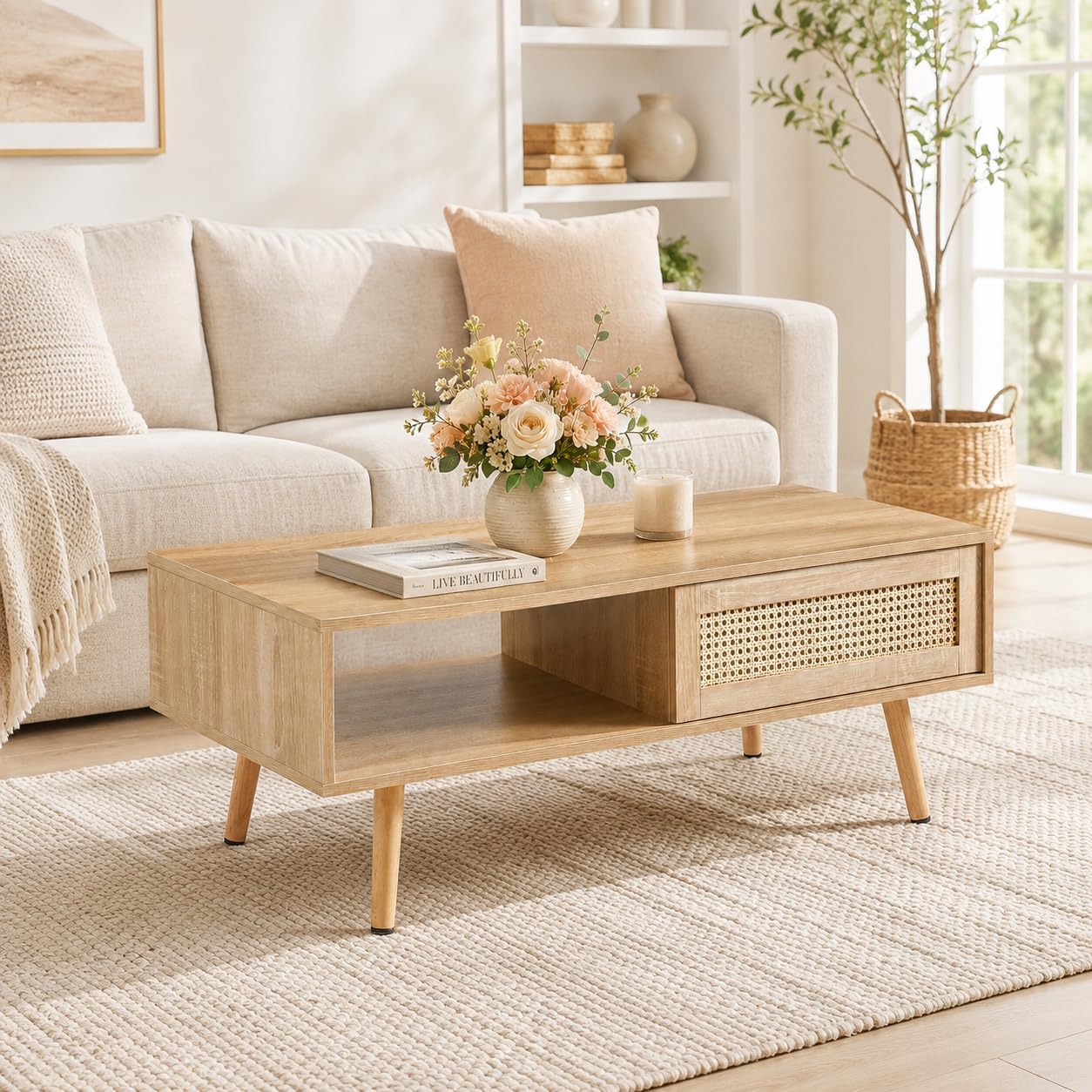 Rattan Coffee Table with Sliding Door Storage, Natural Wood Center Table with Open Shelf & Hidden Compartment, Mid Century Modern Living Room Table with Solid Wood Legs for Apartment