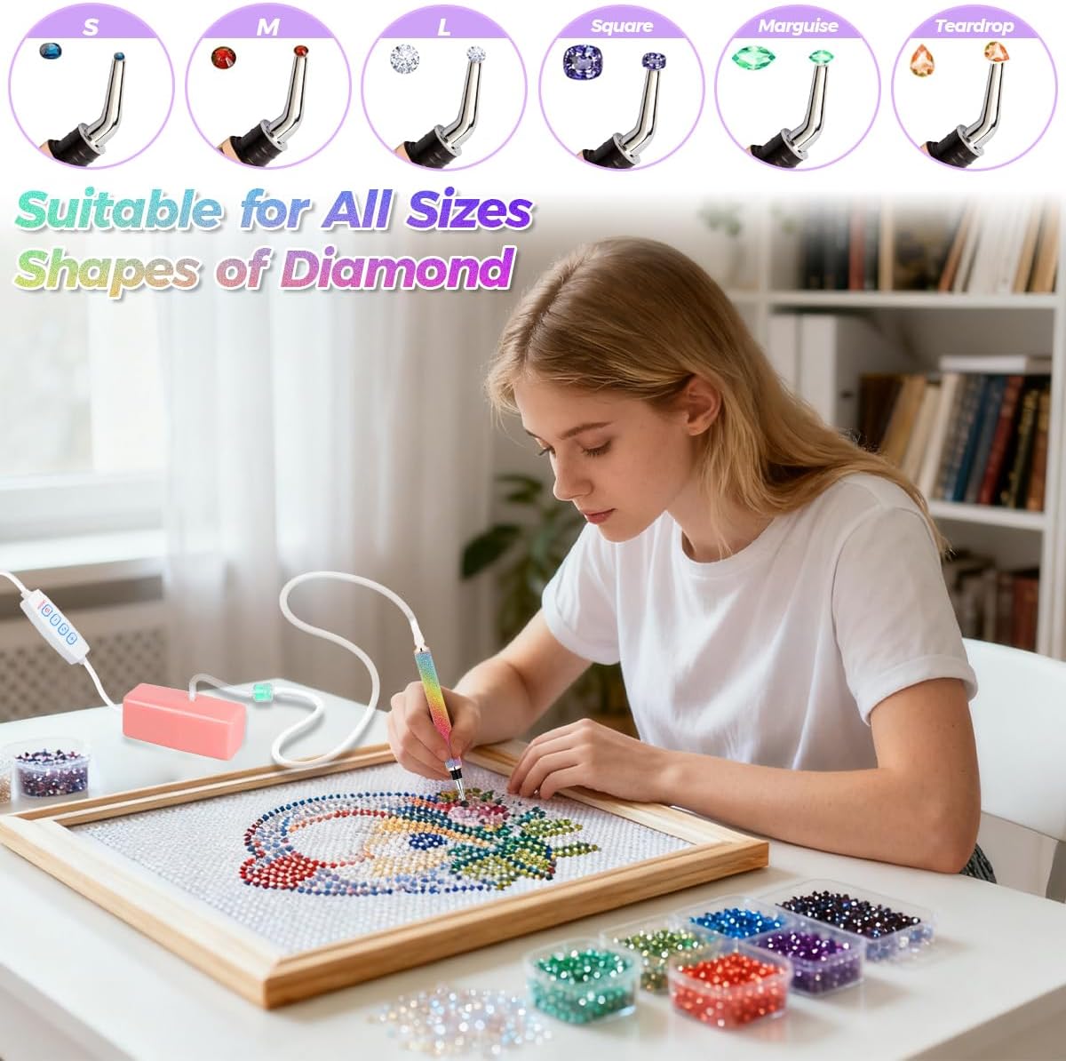 Joyzan Electric Diamond Art Pen, Vacuum Pump Painting Accessories Tool Kits Rechargeable Quiet Adjustable Suction Level Setting AB Stones DIY 5D Painter 2 Heads Women Girl Gift Adult No Wax Needed
