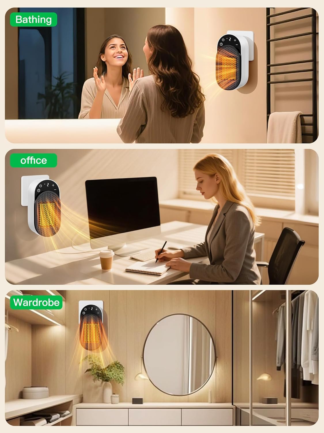 Wall Outlet Space Heater, 450W Plug in Electric Heater with Adjustable Thermostat & 12h Timer & Led Display, 3s Fast Heating, Portable Heater for Office Drom Room (White)