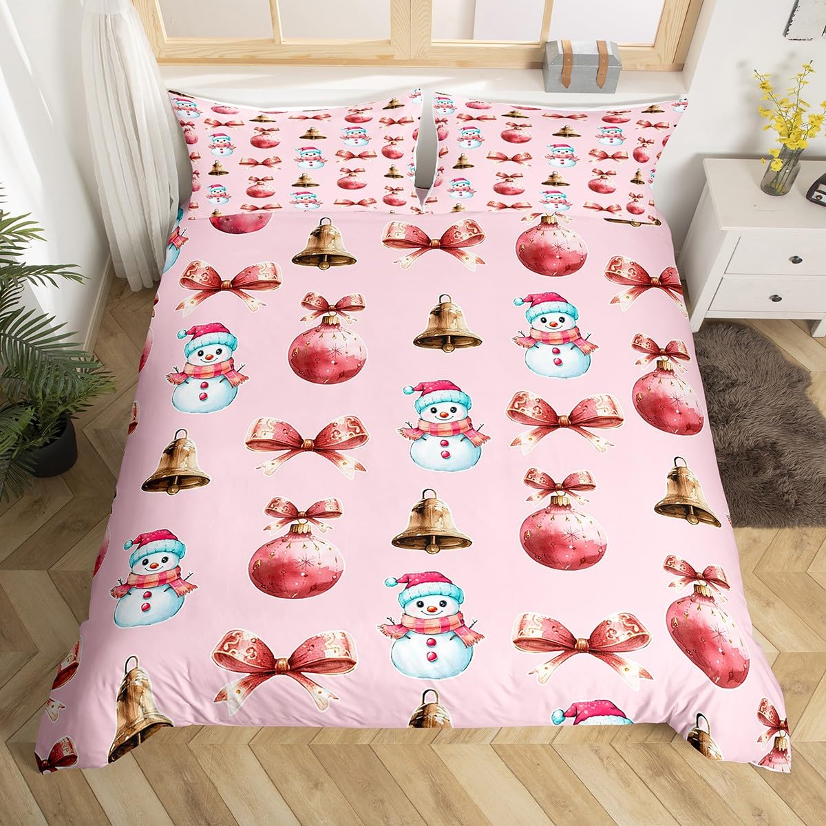 Boże Narodzenie Bowknot zestaw pościeli w rozmiarze M, różowy łuk, mały dzwonek, dwustronny pokrowiec z 1 poszewką na poduszkę, śliczny bałwanek na Boże Narodzenie, piękny zestaw pościeli poliestrowej