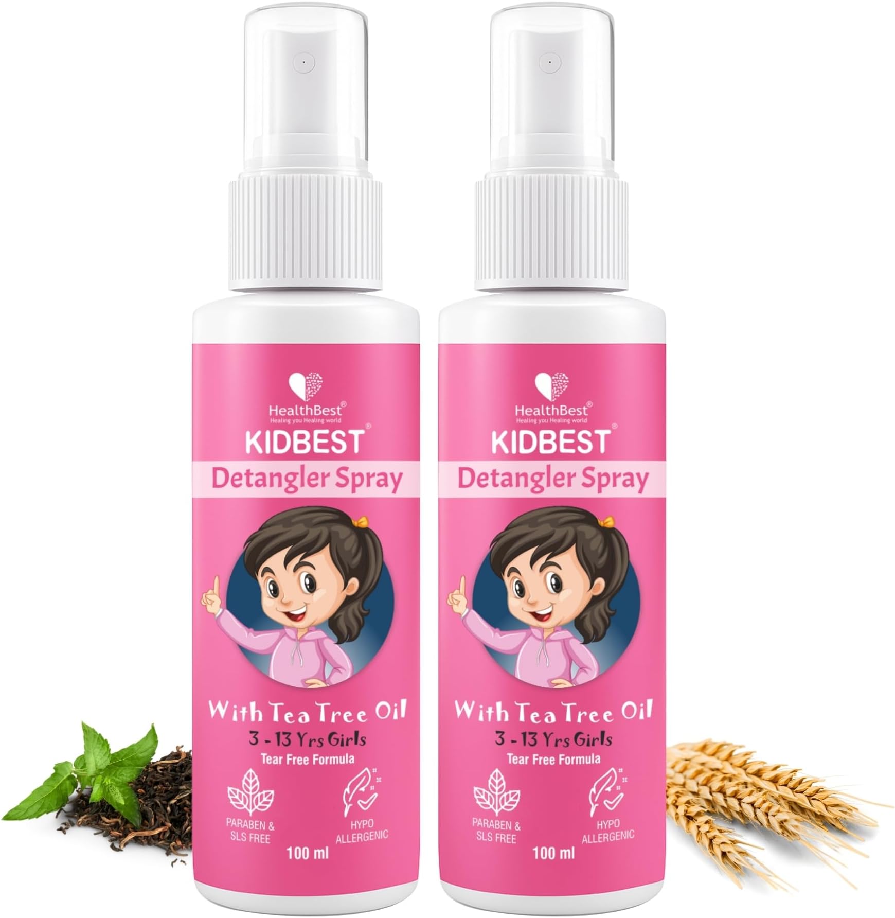 HealthBest Detangler Spray for Kids Hair | Soft & Shiny Hair |Tea Tree Oil | Tear-free | Tangle-Free Hair | 100ml (Pack of 2)