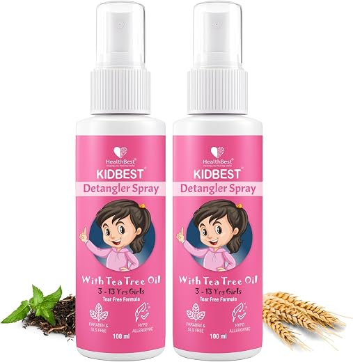 HealthBest Detangler Spray for Kids Hair | Soft & Shiny Hair |Tea Tree Oil | Tear-free | Tangle-Free Hair | 100ml (Pack of 2)
