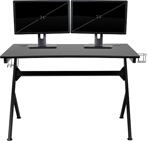 Miniatura 529 de Flash Furniture Juego de escritorio para juegos negro y silla de carreras blanco/negro con soporte para tazas, gancho para auriculares y soporte