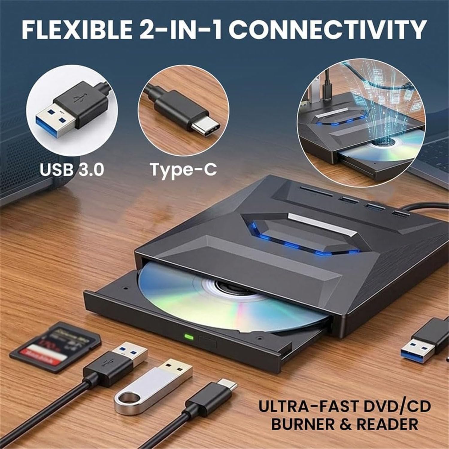 7-in-1 Externes USB-DVD-Laufwerk und Blu-ray-Player, USB C 3.0 Typ-C, tragbarer BD-DVD-CD-Brenner, Lesegerät mit 3 USB-Anschlüssen, Hub und SD-TF-Kartenleser, 6 x optisches Blu-ray-Laufwerk für Laptop