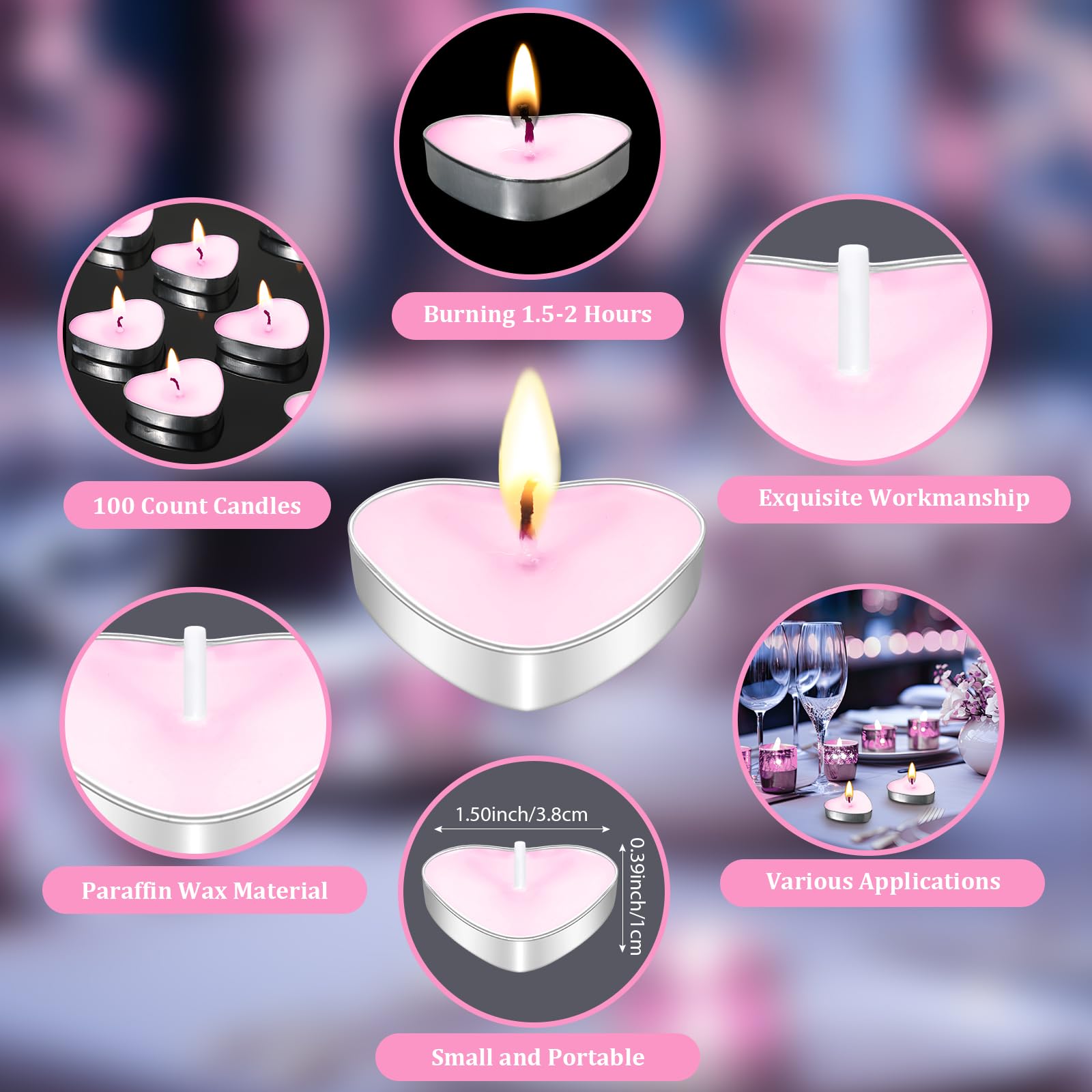 Threlaco 100 Sets Wedding Gifts: 100 Heart Shaped Candles, Mini Candles, Thank You Cards & Organza Bags (Love, Pink)