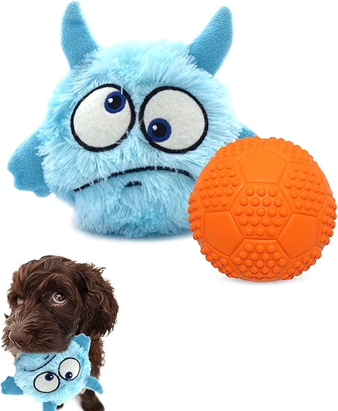 Enjoying Dog Interactive Toys 2-in-1 Dog Plush Squeaky Small Balls Pet Toys Halloween Xmas for Small Medium Large Dogs, Blue Monster