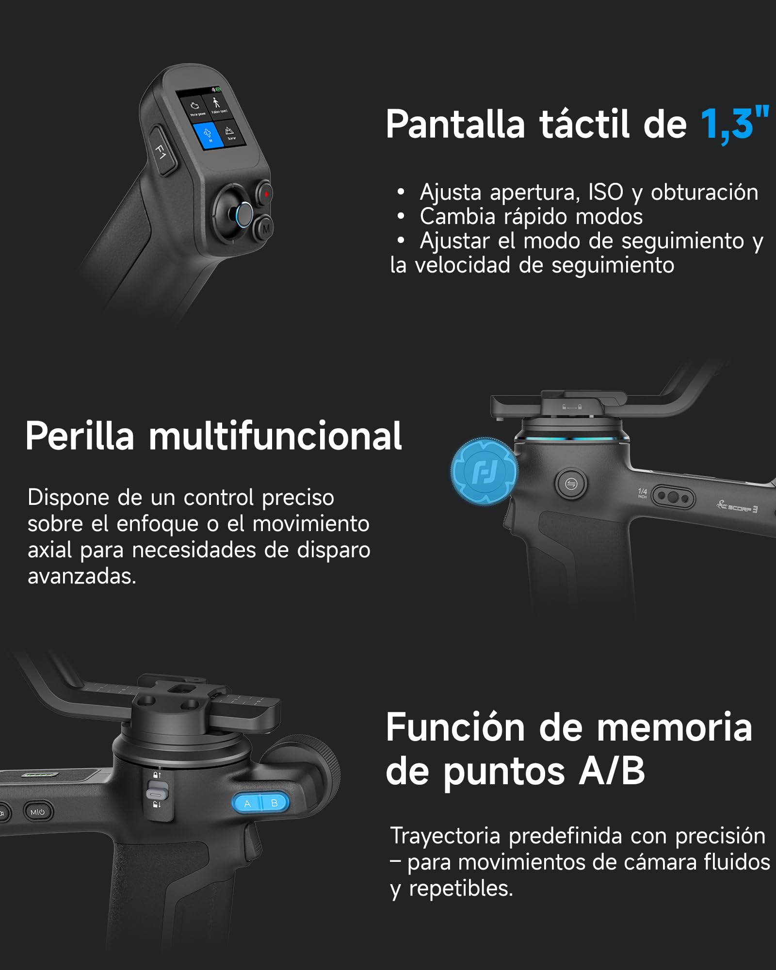 [Oficial] FeiyuTech SCORP 3 Kit Gimbal – 3,5 kg de Carga, Seguimiento AI, batería 14 h, Mango Remoto, botón de Captura Bluetooth, estabilizador Profesional con Estuche – para cámaras Sony/Canon/Nikon