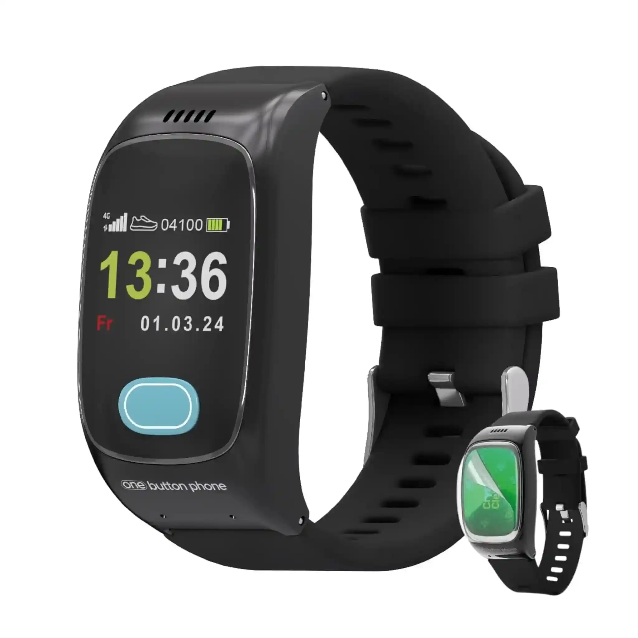 one button phone Modell 2024 & original Displayschutzfolie - Notfall- & Sicherheitsuhr Senioren, Notrufknopf, SOS-Funktion, Sturzerkennung, GPS-Ortung, Vitaldaten, 4G, freie Tarifwahl