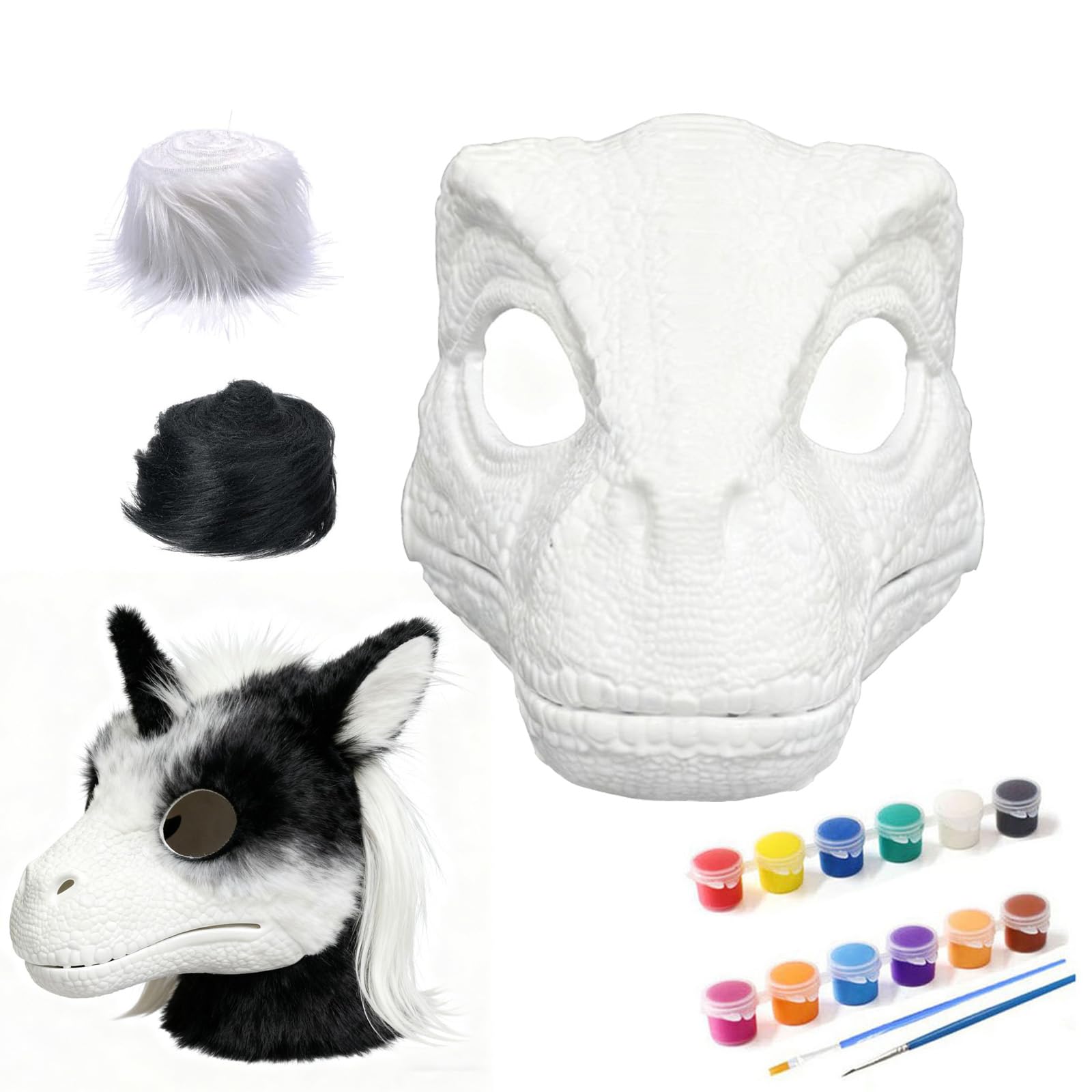 DIY White Hard Plastic Dinosaur Mask Kit Furry Fur, Dino Raptor Mask Moving Jaw and Sound, Moving Mouth Animal Head Helmet Costume for Halloween Christmas Party Carnival,Fursuit DIY Blank Masks