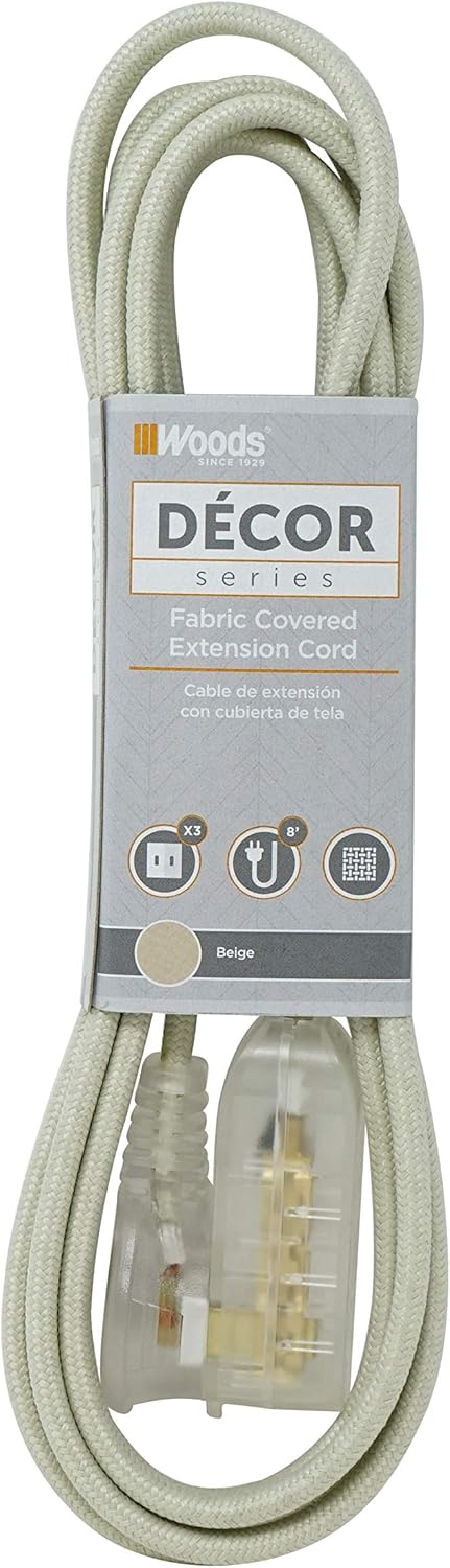 Woods 64598301 Decor Series 8-Foot Fabric Braided Indoor Extension Cord with Lighted Ends; 3 Polarized 2-Prong Outlets; Right Angle Plug; 125 Volts; Beige