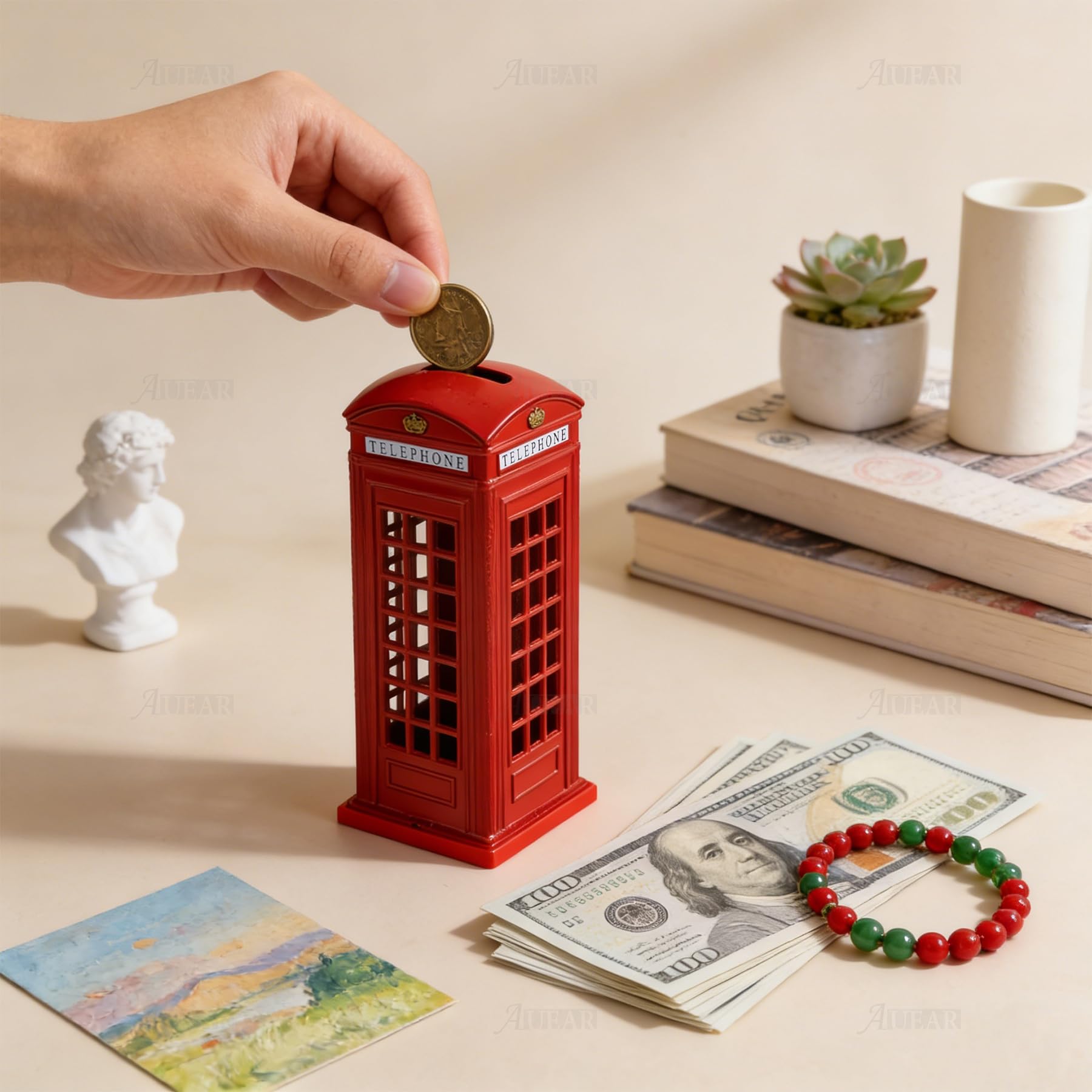 AUEAR, 1 Piece Delicate Red Telephone Booth Money Metal Alloy Piggy Bank London Street Coin Box Change Souvenir Gift Box — Amazon image 4