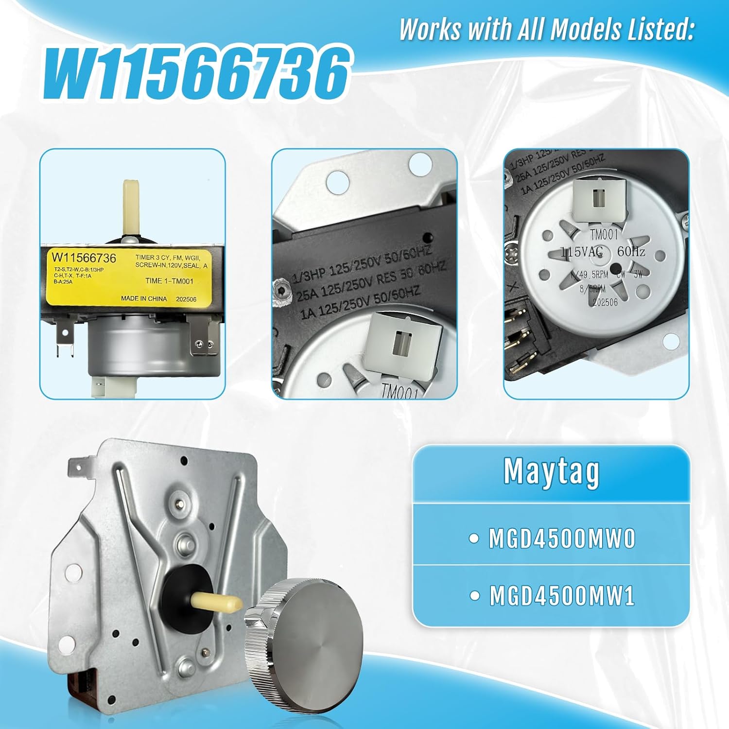 W11566736 W11701755 Gas Dryer Timer & Knob Kit for Whirlpool Maytag (115VAC 60Hz), Replace 4982474 AP7225135 OEM28900542 PS17629166 EAP17629166 FIX17629166 162-427-1 23263CD2 T2