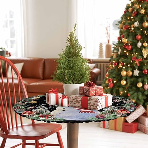Vista 123 de Mantel redondo ajustable de Navidad para mesa redonda, mantel rojo floral de Navidad, mantel impermeable con borde elástico, mantel circular rojo
