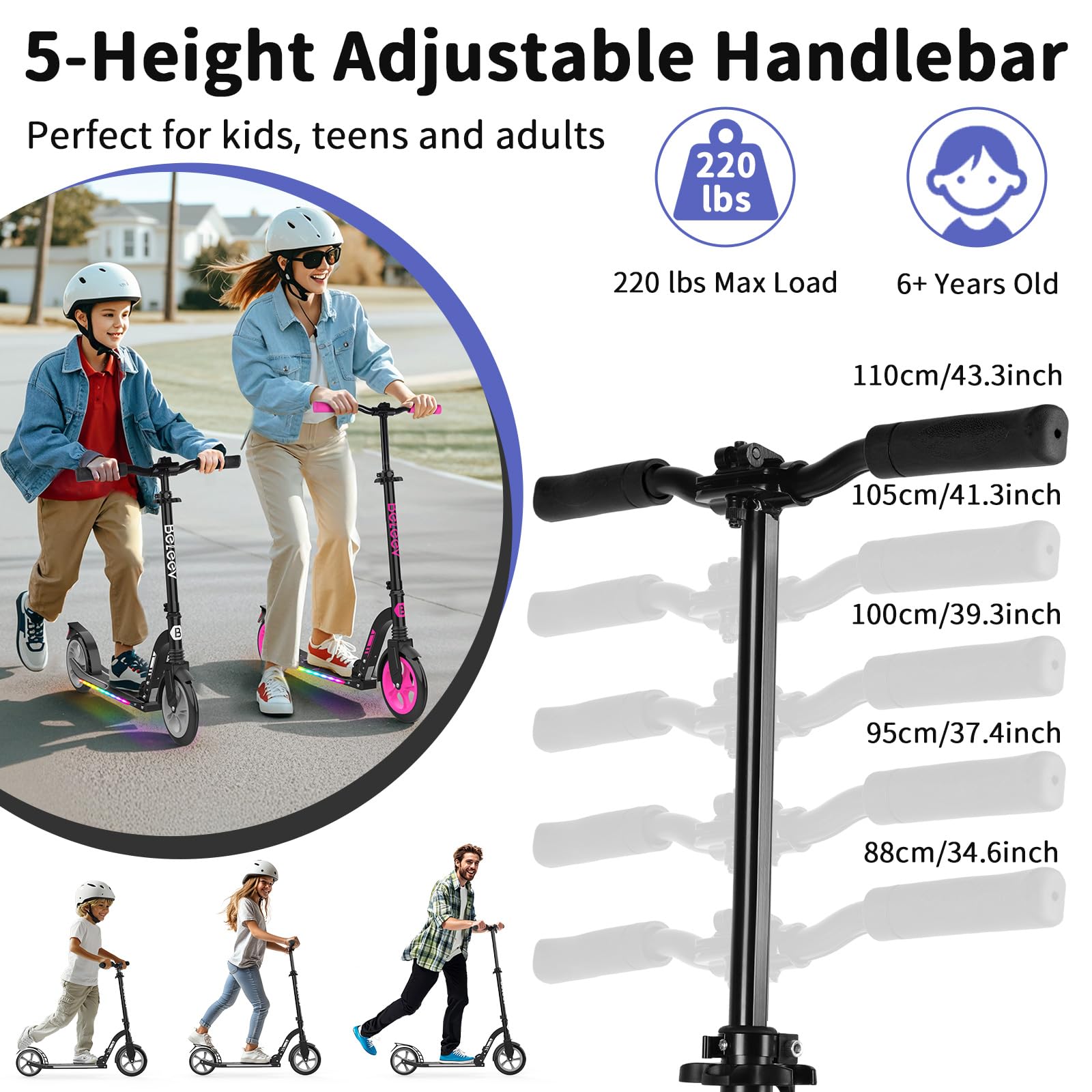 BELEEV Monopattini bambini 2 Ruote Pieghevole con LED Illuminate Deck, Ruote Grandi 230mm, 5 Altezza Regolabile, Cinghia di Trasporto Big Wheels City Scooter per 6+ Bambini e adulti fino 100 kg