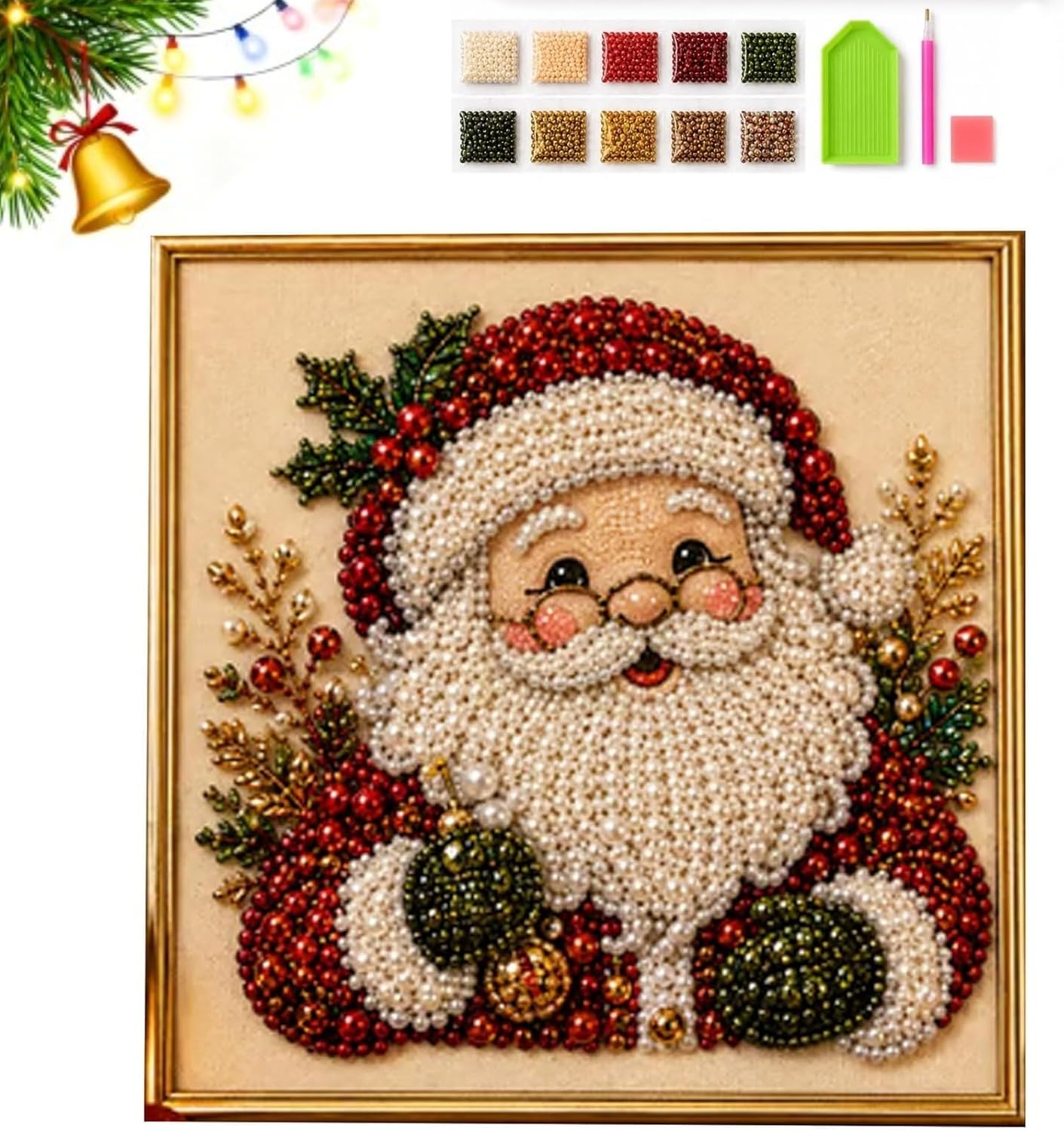 DIY Christmas Pearl Diamond Art Painting Art Kit with Frame, Christmas Pearl Beads Art Craft for Adults & Beginners, Cute Diamond Dots Handmade Painting Kit for Home Wall Decor