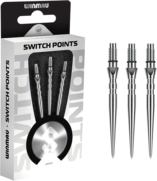 WINMAU - Punti di commutazione - Punta in acciaio al carbonio - Meccanismo filettato a cambio rapido - 1 set per confezione - Disponibile in nero e argento - Liscio, scanalatura e onda - 26 mm, 30 mm - 1