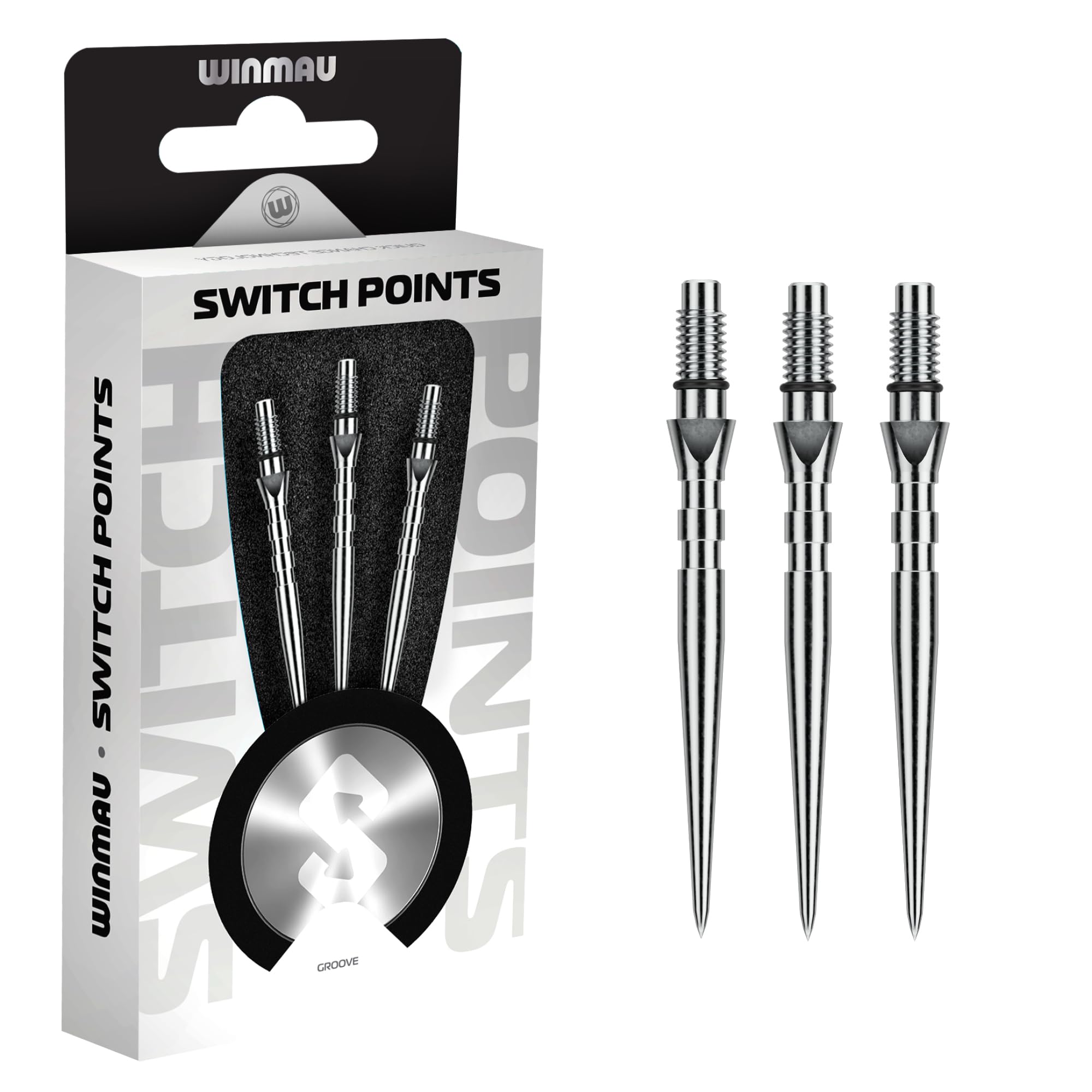 WINMAU - Switch Points - Carbon Steel Tip - Threaded Rapid-Change Mechanism - 1 Set per Pack - Groove Silver Effect 30mm - Professional Darts Accessories