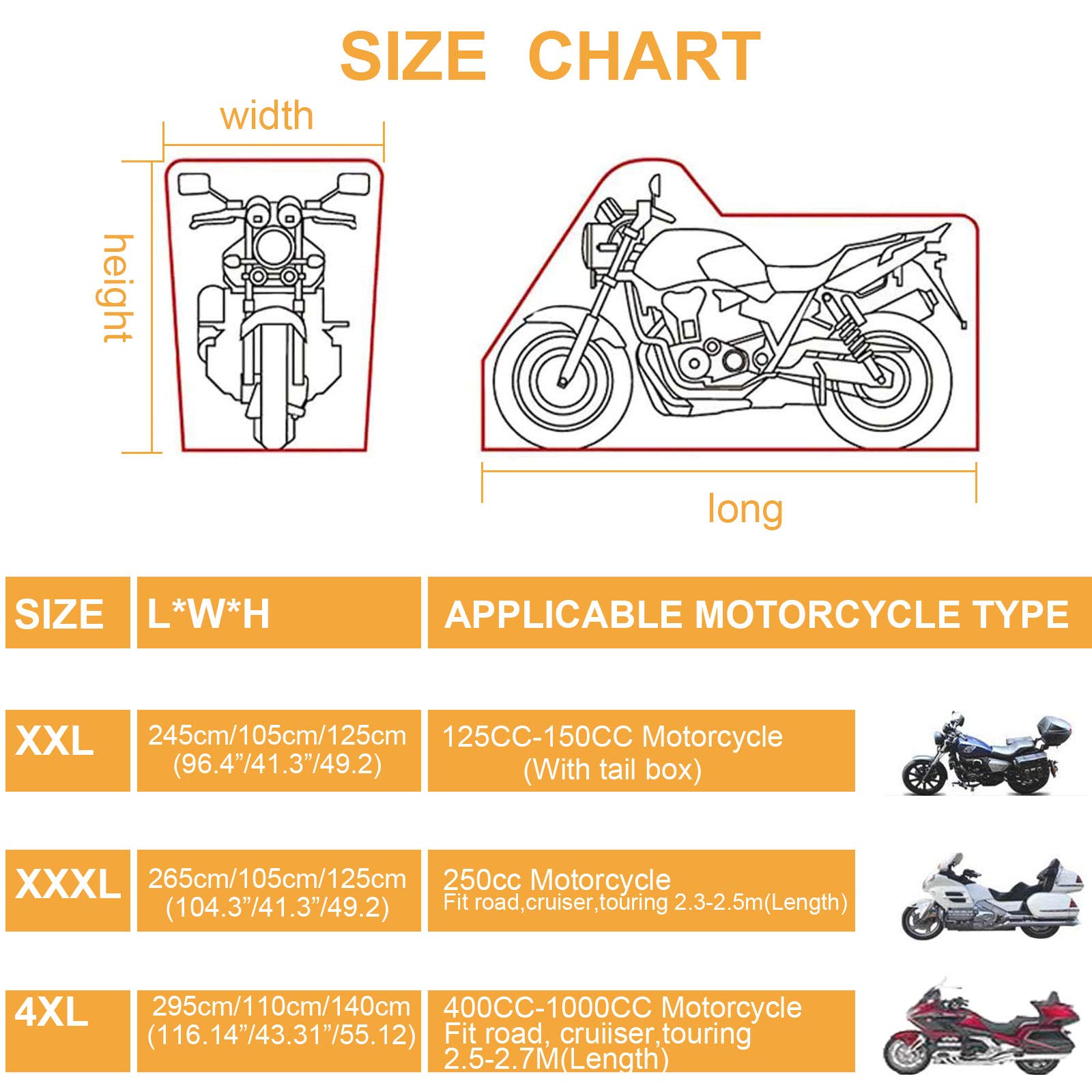300D Telo Moto Coprimoto, Addensare Telo Impermeabile Esterno per Moto/Scooter, esterno Telone Moto con 4 Strisce Riflettenti e 2 fori di bloccaggio 295 * 110 * 140cm