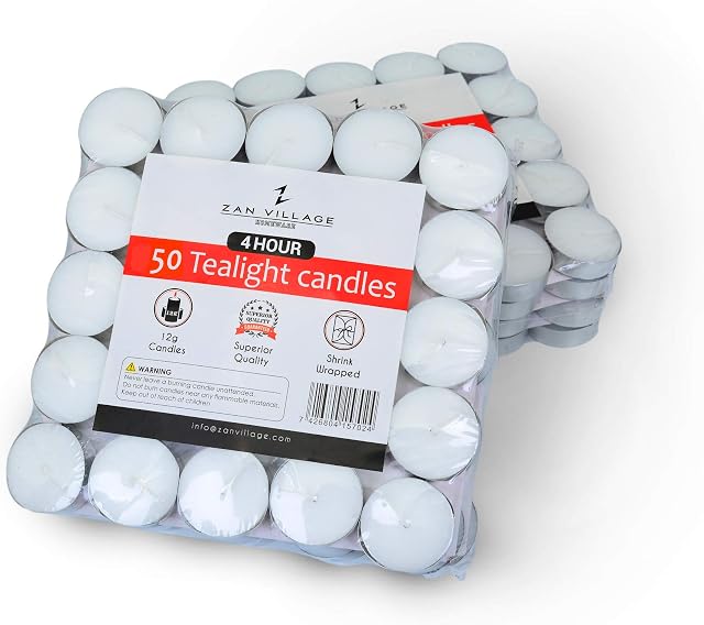 Zan Village Homeware Candles/Tealights 4 Hour Burn Time 12g, 50 Pack Shrink Wrapped