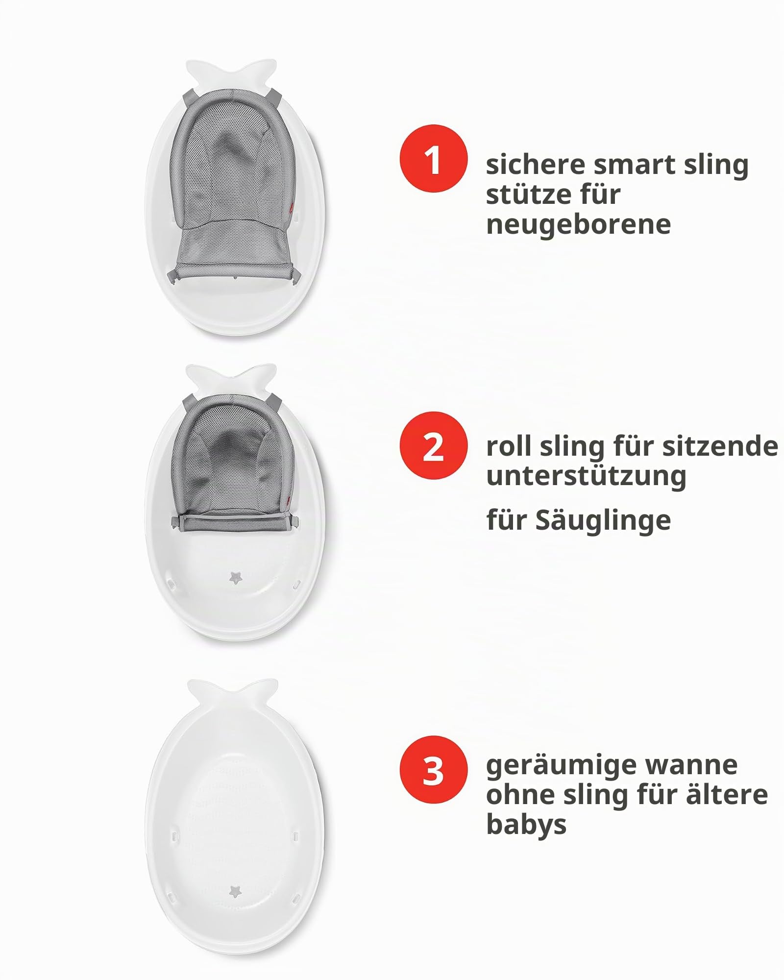 Skip Hop Badewanne Moby, weiß, 3 Stufen, PVC-frei, phthalatfrei, rutschfest, für Neugeborene mit Ablaufstöpsel (von Geburt bis 11 kg, Weiß)