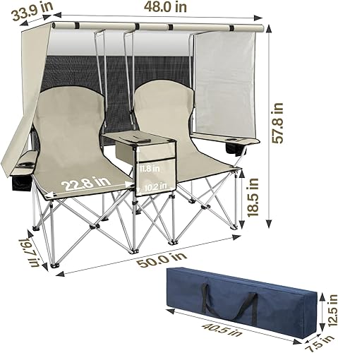 Miniatura 3 de BESTHLS Silla de campamento doble con toldo  Sofá biplaza 600D resistente para adultos, silla de playa para 2 personas con paraguas, sofá biplaza