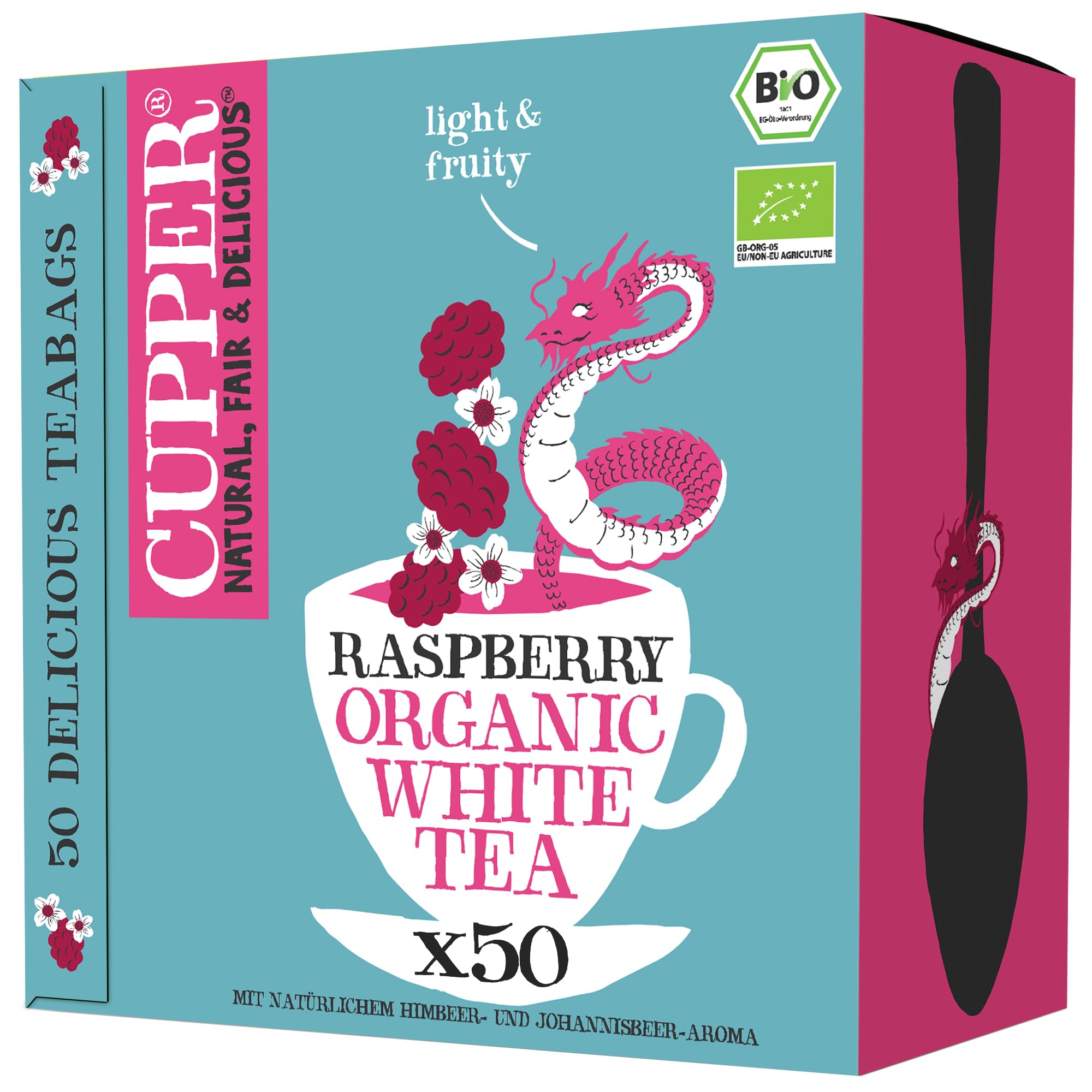 Cupper Bio Tee Vorratspackung White Tea and Raspberry, Weißer Tee, 50 ungebleichte plastikfreie Teebeutel, Big Pack, Perfekt fürs Büro, fair gehandelt