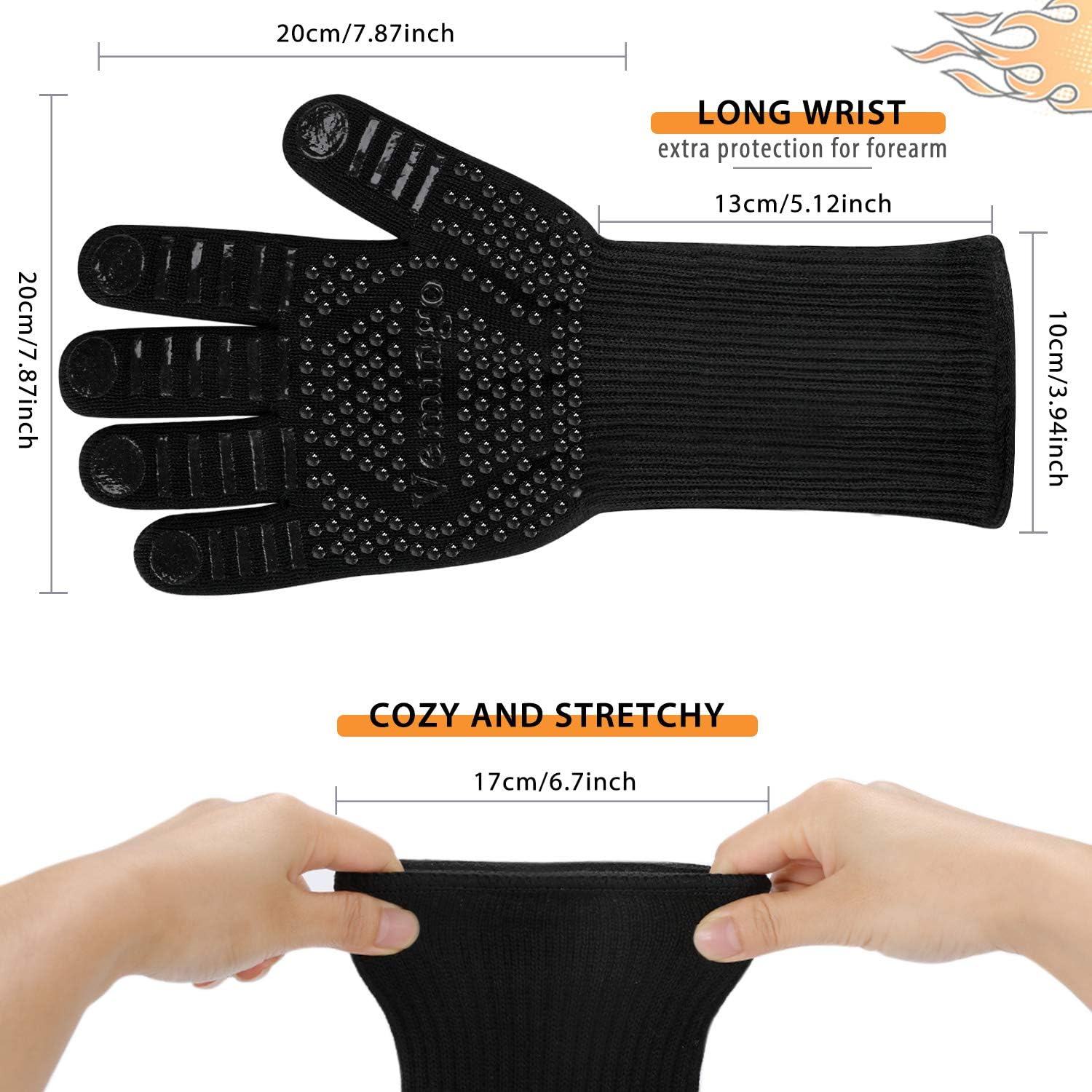 BBQ Gloves 1472°F Extreme Heat Resistant Ov Grill Gloves Heat Proof/Fireproof Gloves Oven Mitts Barbecue Gloves for Smoker/Grilling/Cooking/Baking 12.5CM Large, Black : Patio, Lawn & Garden