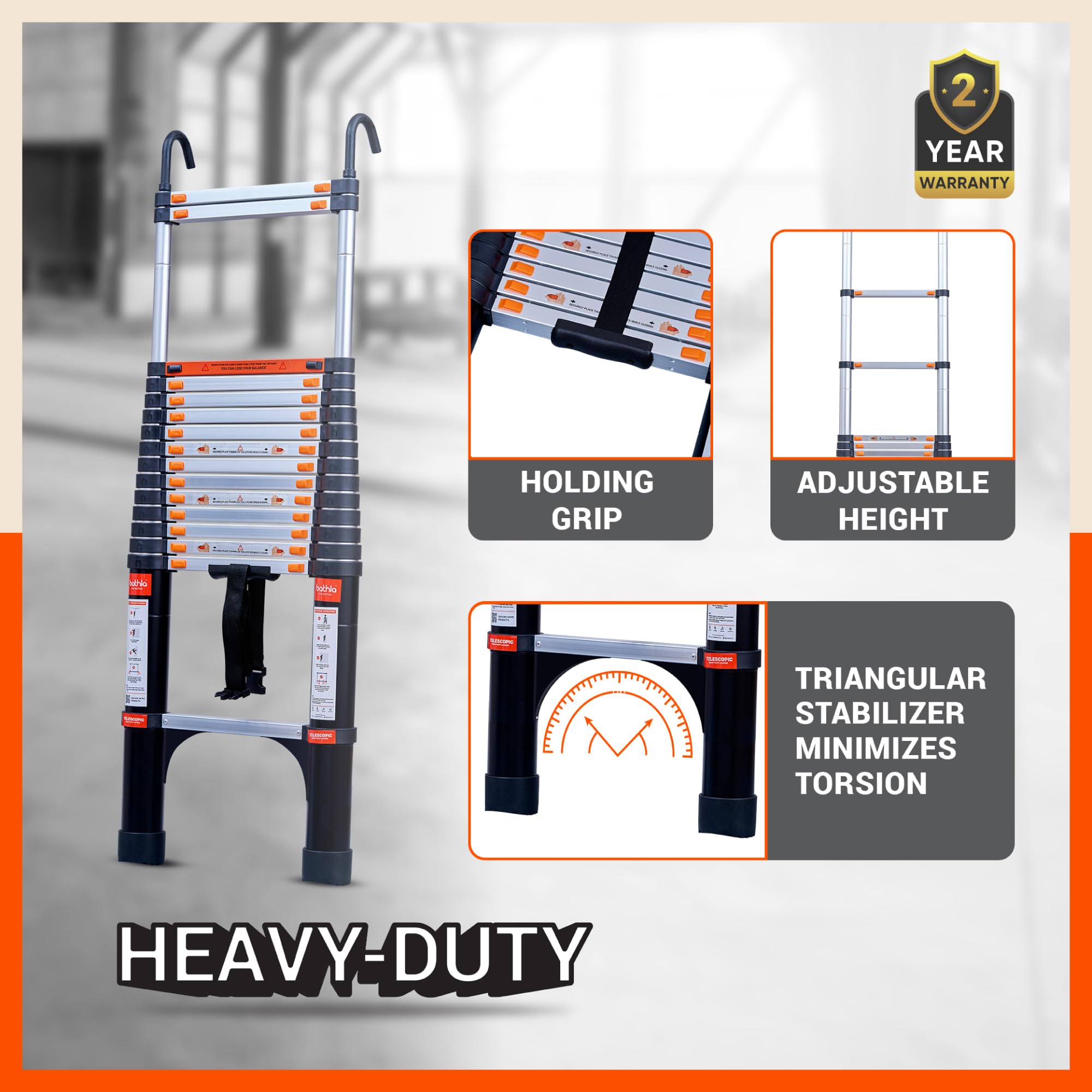 Bathla 23.6 ft Aluminium Telescopic Ladder with Safety Hooks & Triangle Stabilizers | EN131 Certified | 2-Year Manufacturer Warranty | Portable & Compact |150kg Load Capacity | Made in India (7.2 mtr) — Amazon image 4