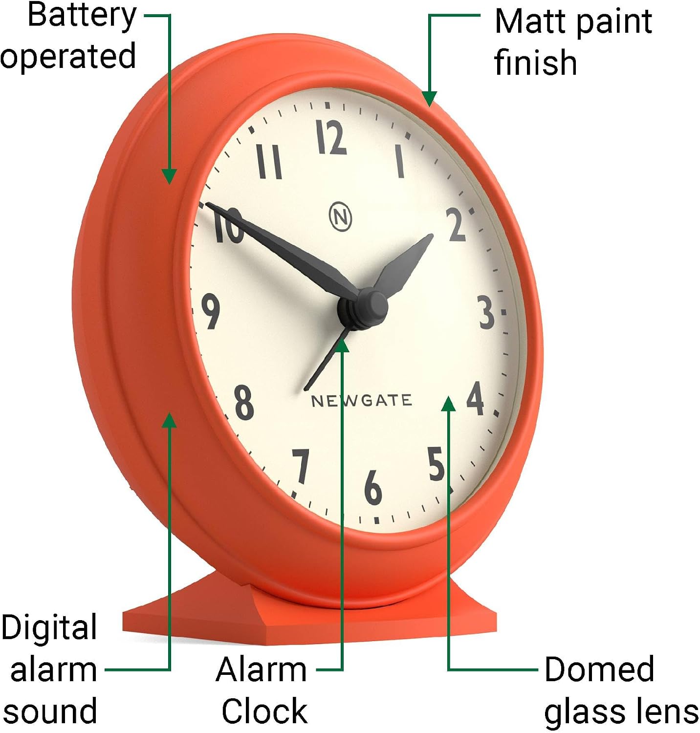 NEWGATE® Pacific Alarm Clock | Small Retro Alarm | Orange | Mid-Century Modern Design | Ideal for Bedside, Desk, Shelf & Mantel | Bedroom, Living Room and Office Accessory