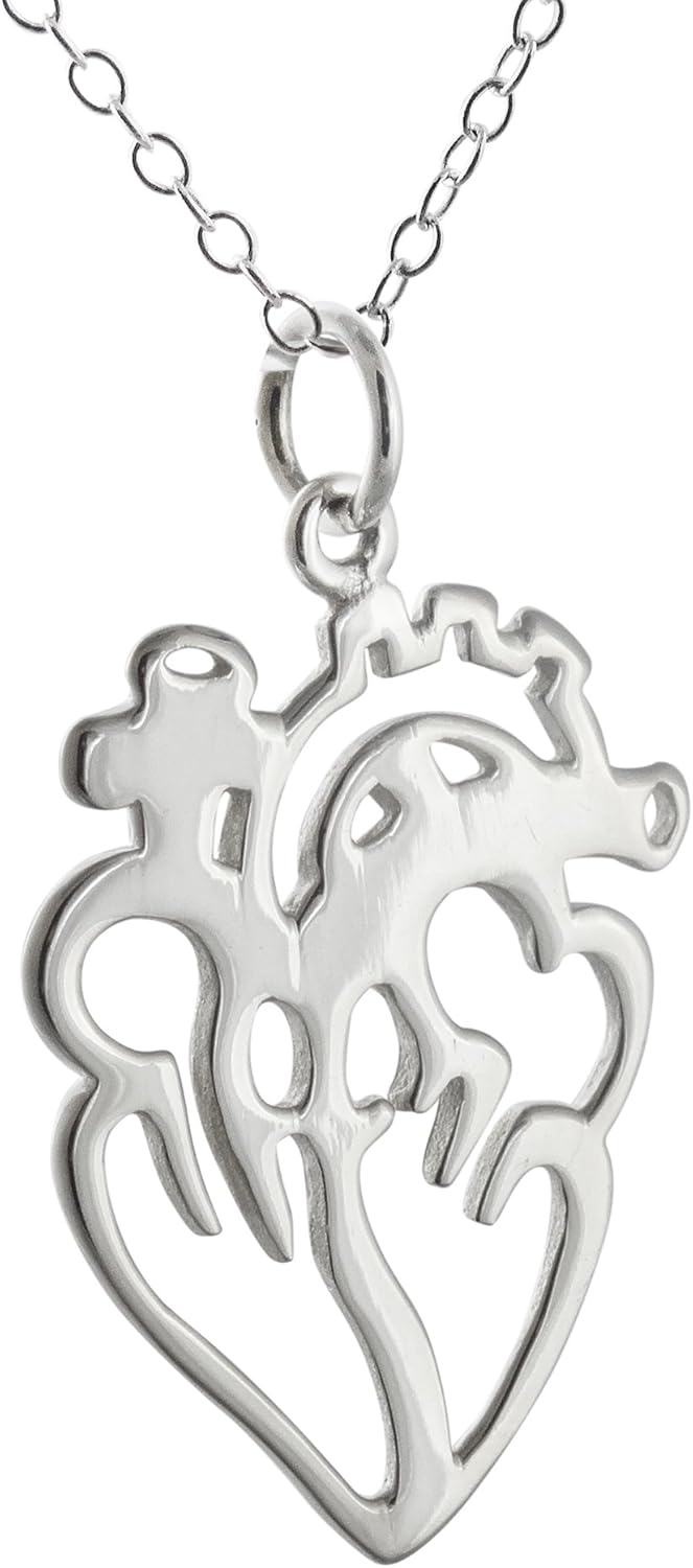 Plata de Ley realista corazón anatómico esquema colgante collar, 46 cm