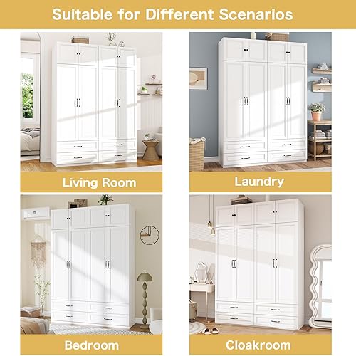 Miniatura 7 de Armario Armario con puertas: Armario blanco extra alto de 89 pulgadas con almacenamiento en la parte superior, Armarios de dormitorio con 4 puertas