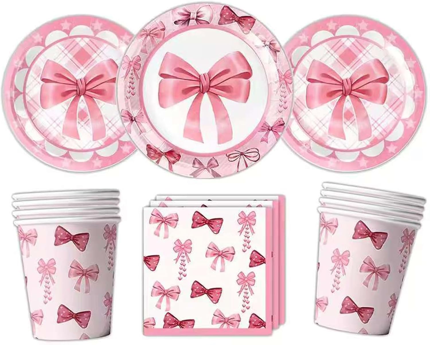 Pink Bow Party Supplies,Coquette Birthday Decorations Includes Plates, Napkins,Cups & Straws, Disposable Tableware Sets for Girls Baby Shower Wedding, Cute Dinnerware Serves 20 Guests