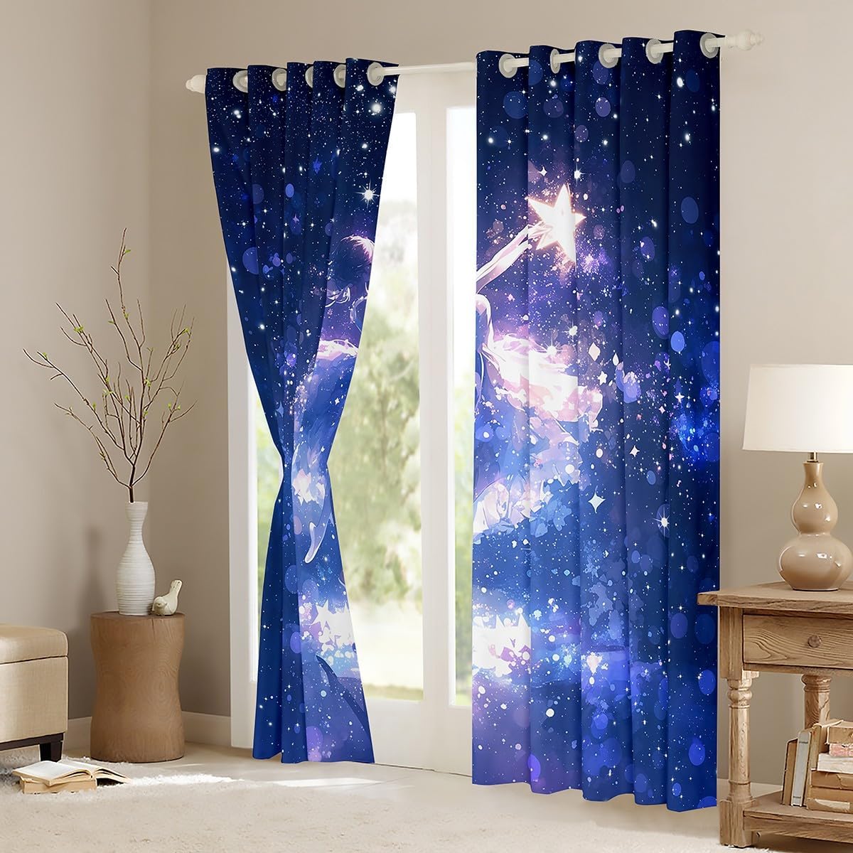 Castle Fairy Ballerina Girl Window Curtain Set of 2 Panels,Ballet Dacing Princess Window Curtain,Romantice Starry Sky Curtain for Teens Adults Bedroom Decor,52Wx96L Inches