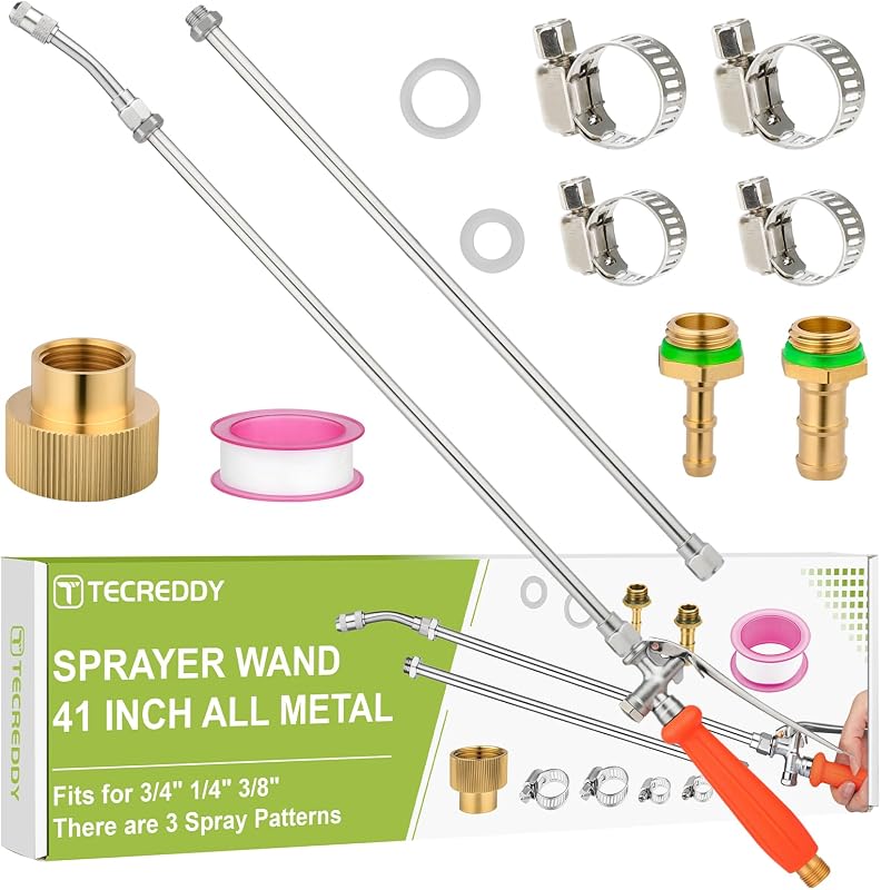 Sprayer Wand Replacement, 41 Inch All Metal Pump Garden Spray Wand | With Stainless Steel Tubes, 1/4" 3/8" Brass Barbs Joint & 3/4" Garden Hose Joint Part for Weed Lawn Plants Careing Watering