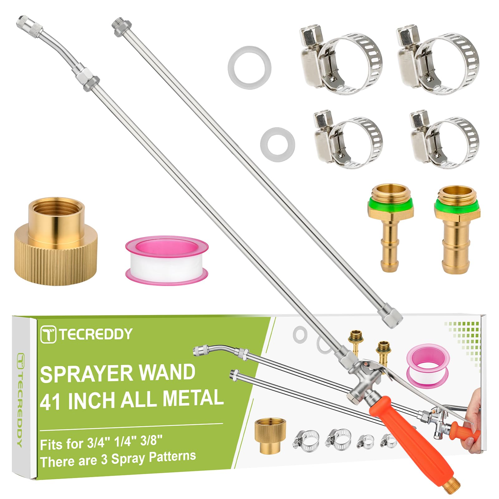Photo 1 of Tecreddy Sprayer Wand Replacement, 41 Inch All Metal Pump Sprayer Wand Replacement with Stainless Steel Tubes, 1/4" 3/8" Brass Barbs & 3/4" Garden Hose Joint Part for Weed Lawn Plants Careing Watering