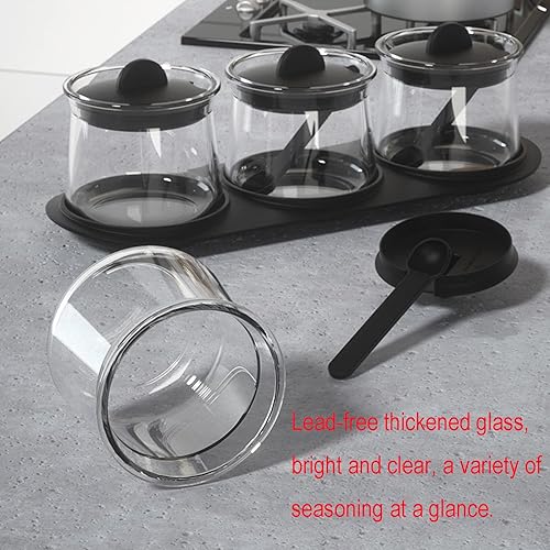 Miniatura 3 de Juego de 3 tarros de vidrio para condimentos, juego de 3 tazones de condimentos, recipientes de sal con tapas y cucharas, recipientes de azúcar