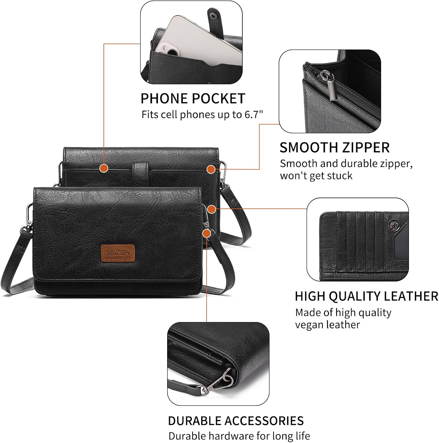 SENDEFN Small Crossbody Bags for Women Leather Cell Phone Purse Wallet with ID window and Card Slots - Image 5