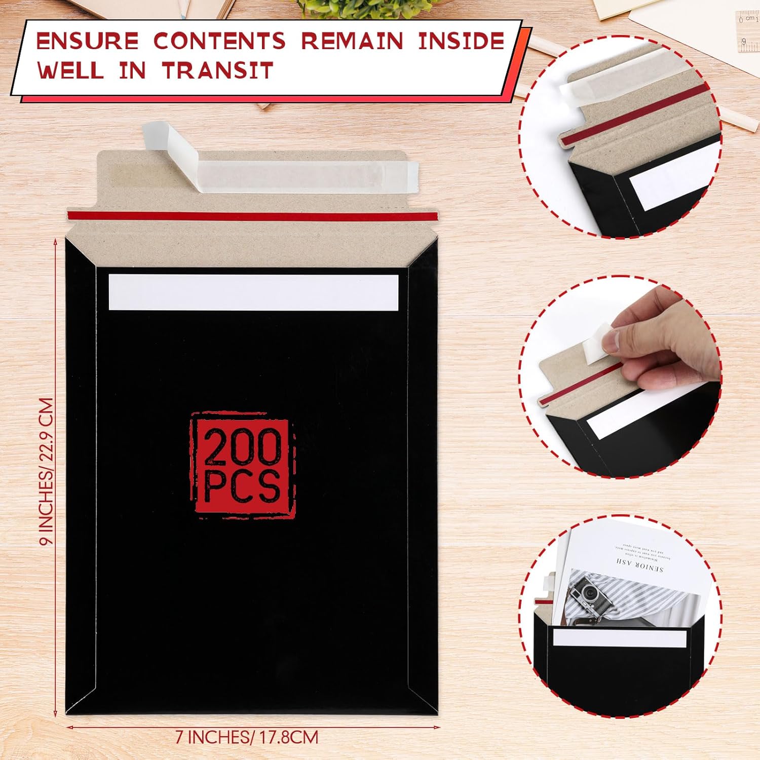 Fainne 7 x 9 Inch Rigid Mailers Kraft Cardboard Envelope Bulk Self Adhesive Flat Shipping Bag for Office Mailing Document Photo Letters Packaging Supplies(Black,200 Pcs)